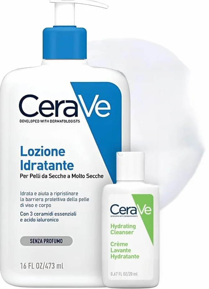 CeraVe Kit Corpo e Viaggio, Lozione Idratante Viso e Corpo, Per Pelle Secca, con Acido Ialuronico 473 ml + Detergente Idratante Viso da Viaggio, Per Pelli da Normali a Secche, 20 ml
