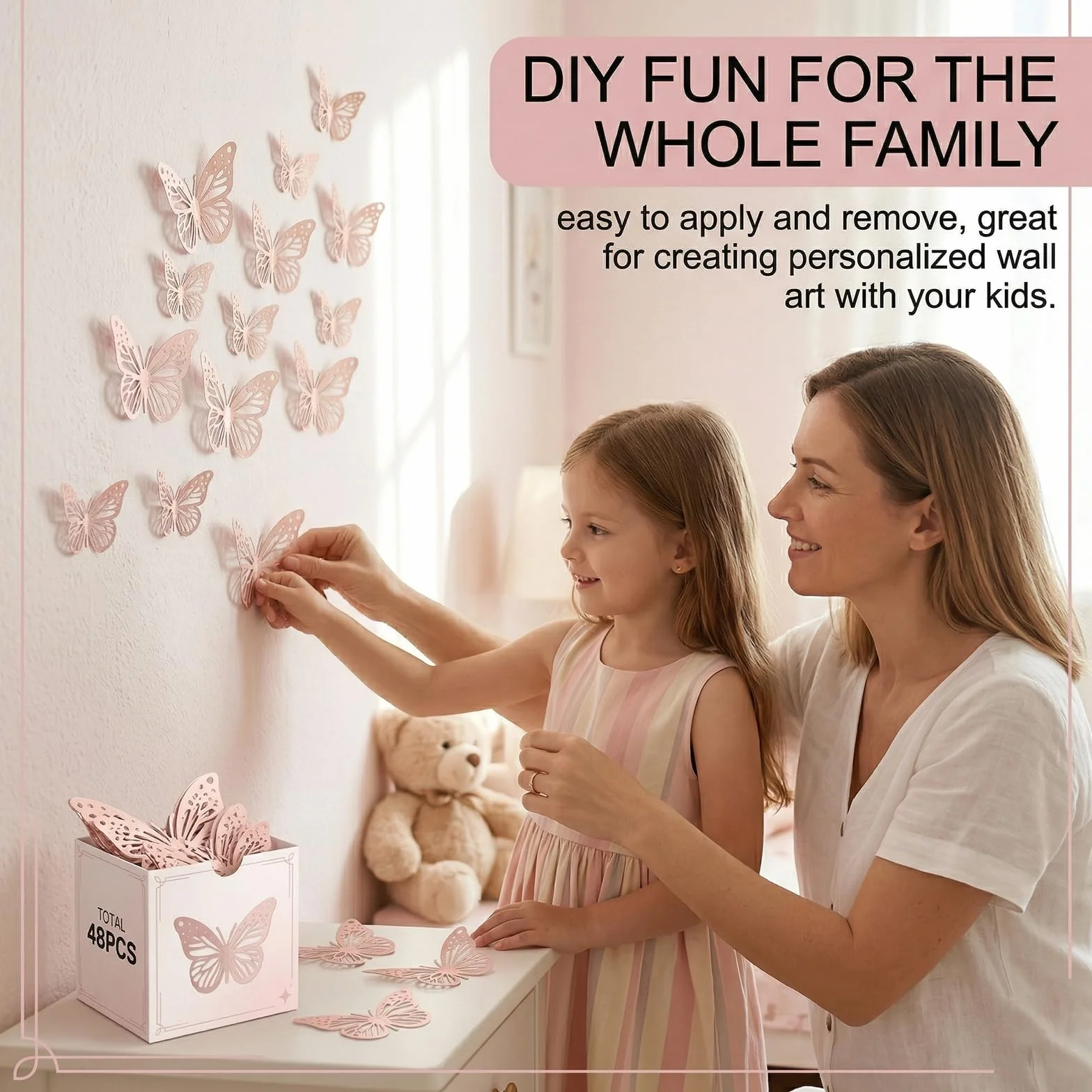Farfalle Adesivi da Parete 3D Decorazioni per Casa Stanze 48 Pezzi (Rosa)