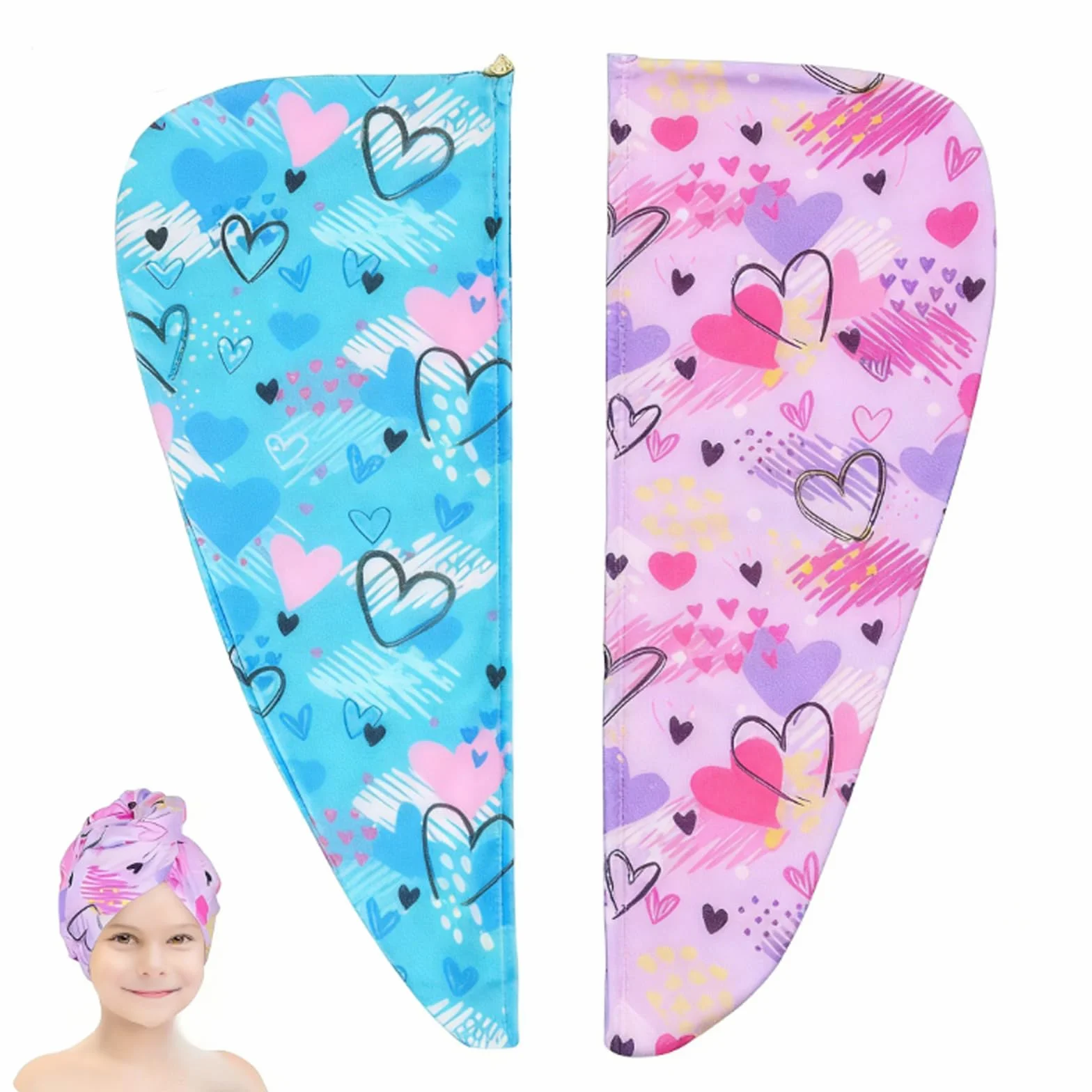 DeBizz 2 pezzi turbante per capelli per bambini, asciugamano per asciugacapelli, in microfibra, ad asciugatura rapida, per donne e ragazze (multicolore)