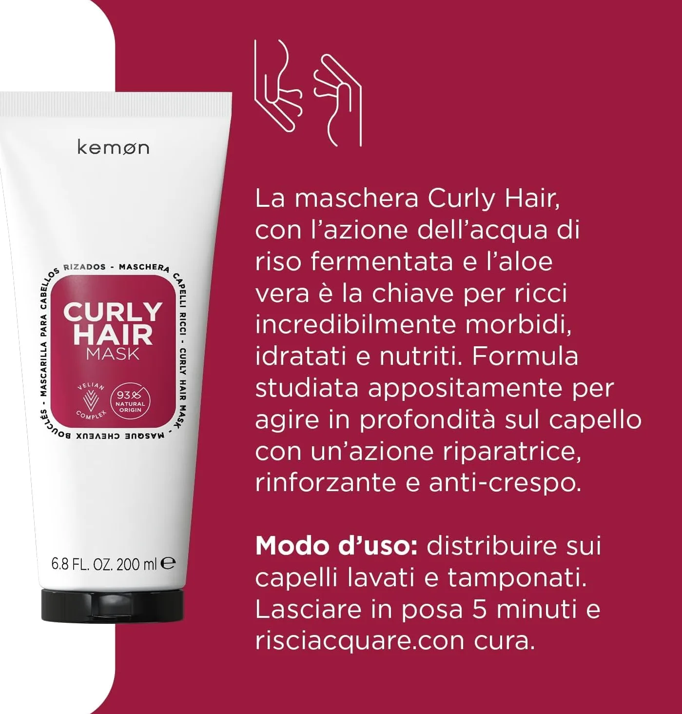 Kemon - Curly Hair Mask, Maschera Per Capelli Ricci E Definiti 1000ml | A Base Di Acqua Di Riso E Aloe Vera, Per Ricci Morbidi e Idratati, Azione Riparatrice E Anti Crespo