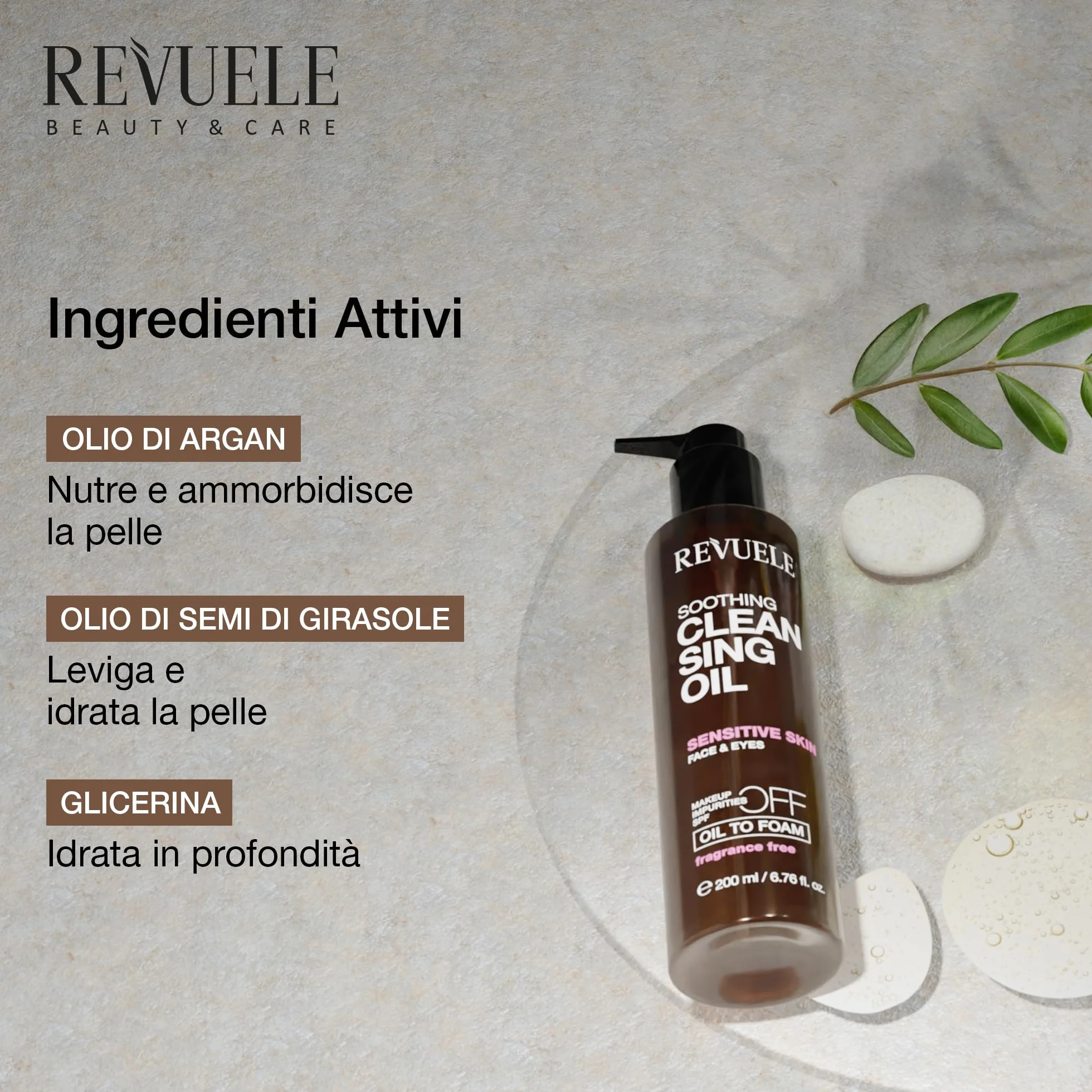 REVUELE Olio Detergente Lenitivo – Struccante Viso & Occhi con Oli Naturali, Pelle Sensibile, Trasforma in Schiuma, Rimuove Trucco, Sebo e Residui di Solari, Idrata e Lenisce, 150 ml