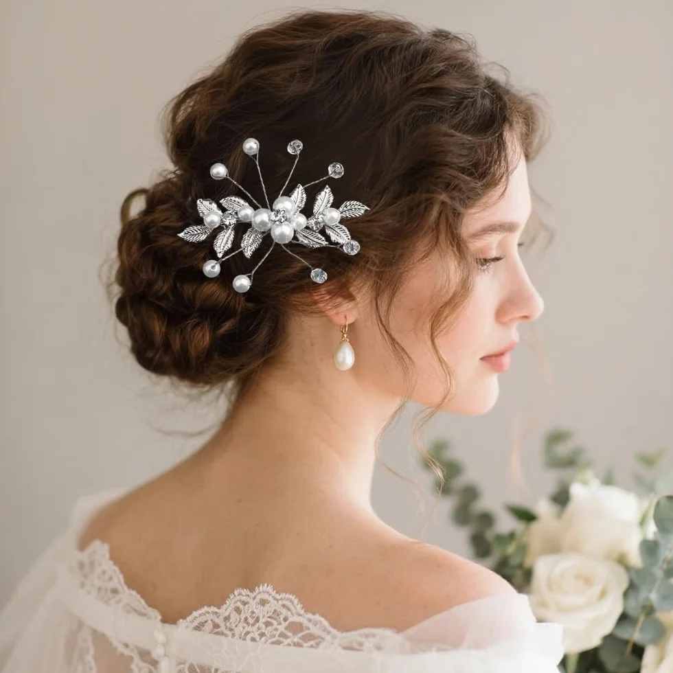 4 Pezzi Accessorio per Capelli da Sposa Pettini per Capelli da Sposa e Forcine a U con Strass Perla Nuziale Decorativo Cerchietto Festa di Nozze per Donne e Ragazze (Argento)