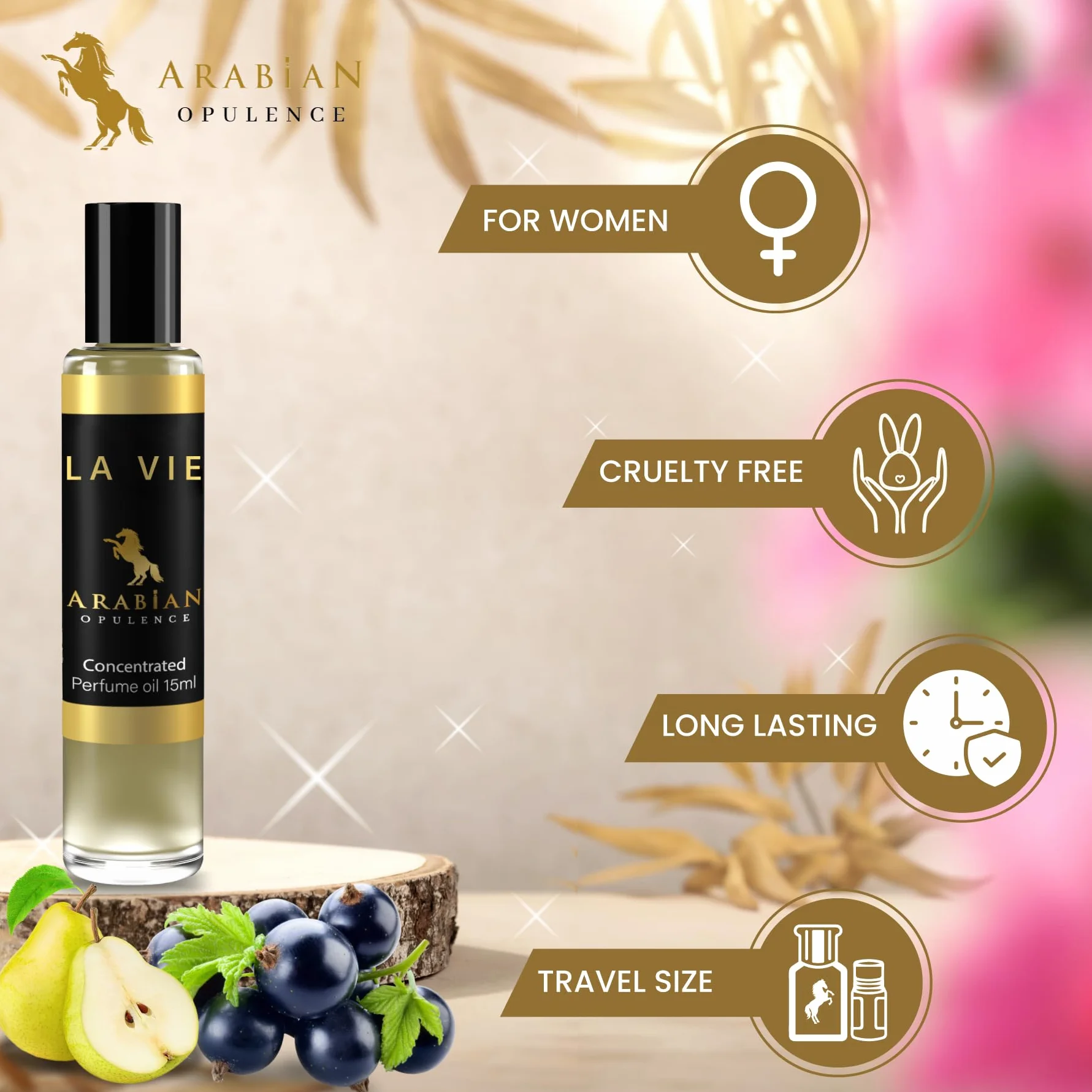 Olio profumato da donna La Vie FR182. Bottiglia con roll-on da 15 ml. Arabian Opulence. Dolce, vanigliato, balsamico, legnoso, fruttato, cipriato.