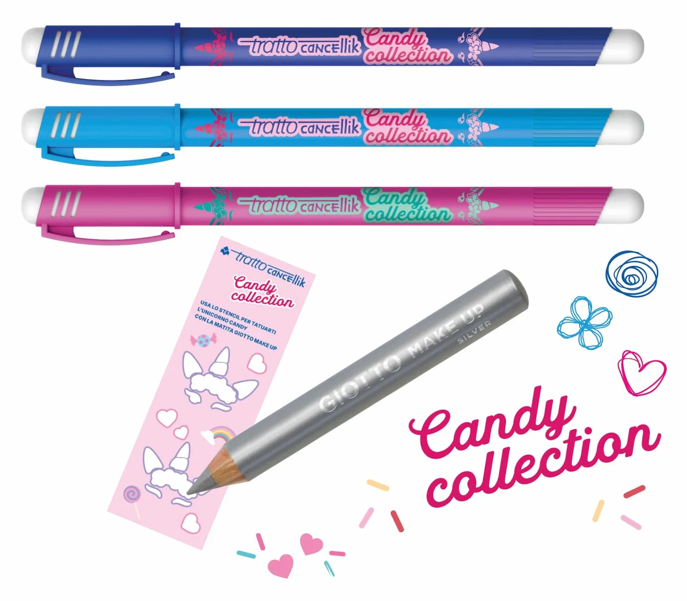 TRATTO Cancellik Candy Collection TATTOO - 3 penne cancellabili + 1 matita make up + Stencil tattoo