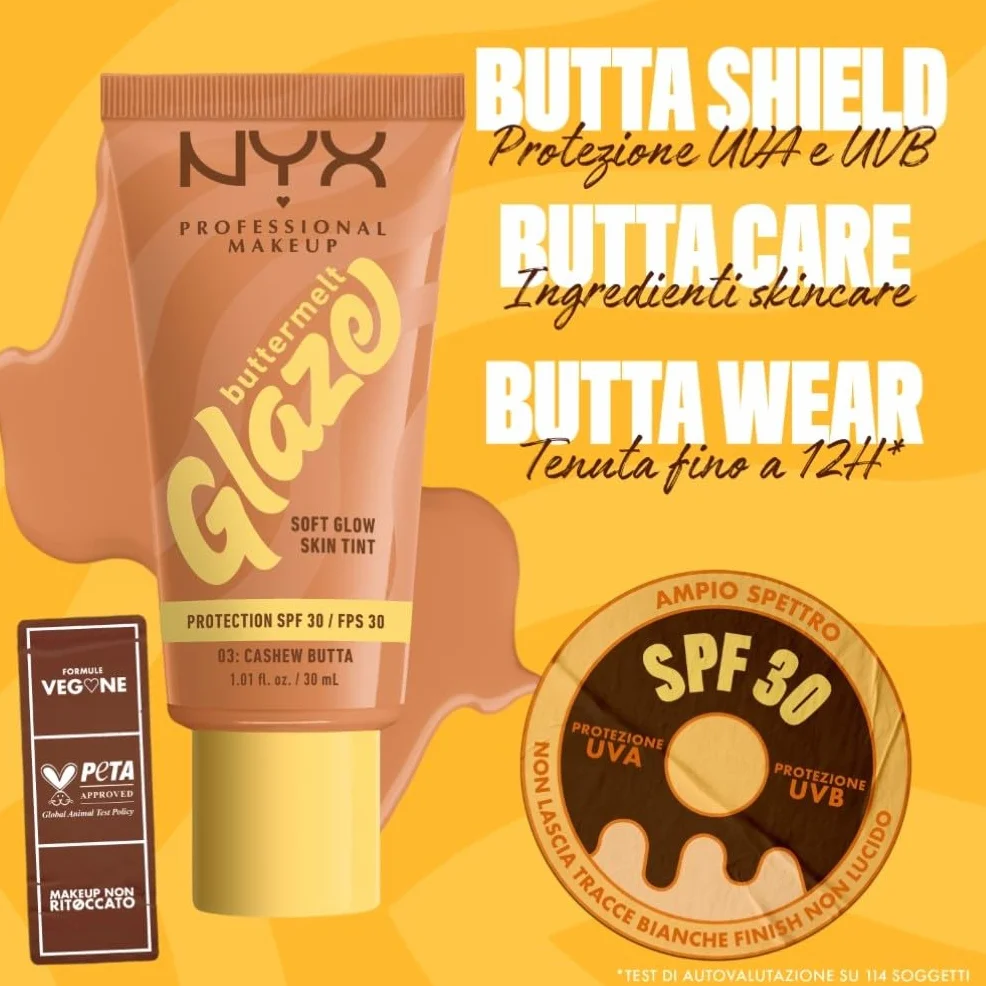 NYX Professional Makeup Fondotinta Illuminante, Per Tutti i Tipi di Pelle, Incarnato Uniforme e Luminoso, Effetto Naturale e Tenuta fino a 12H, Con SPF 30, Buttermelt Glaze, Tonalità: 03 Cashew Butta