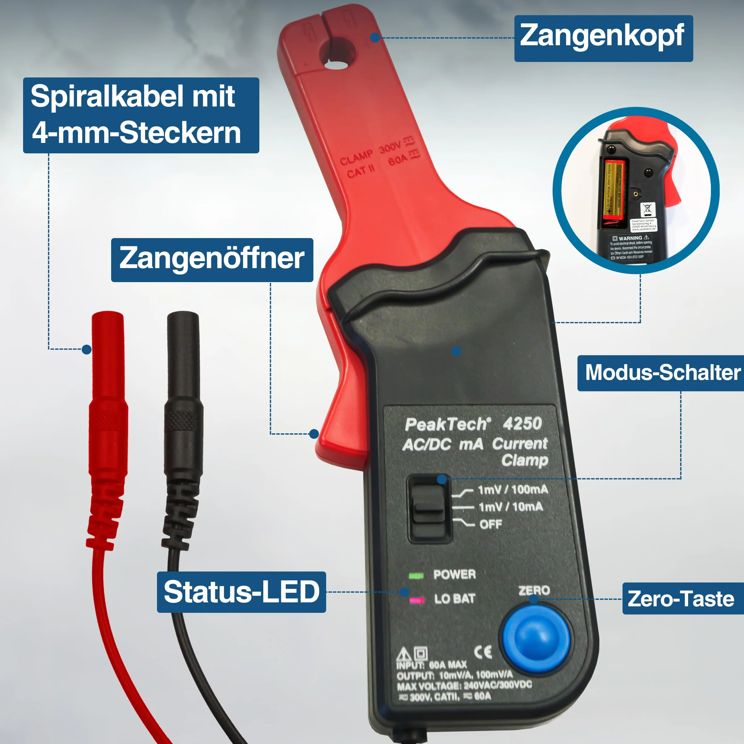 PeakTech P 4250 Adattatore per pinza amperometrica per multimetro AC/DC 4 mm