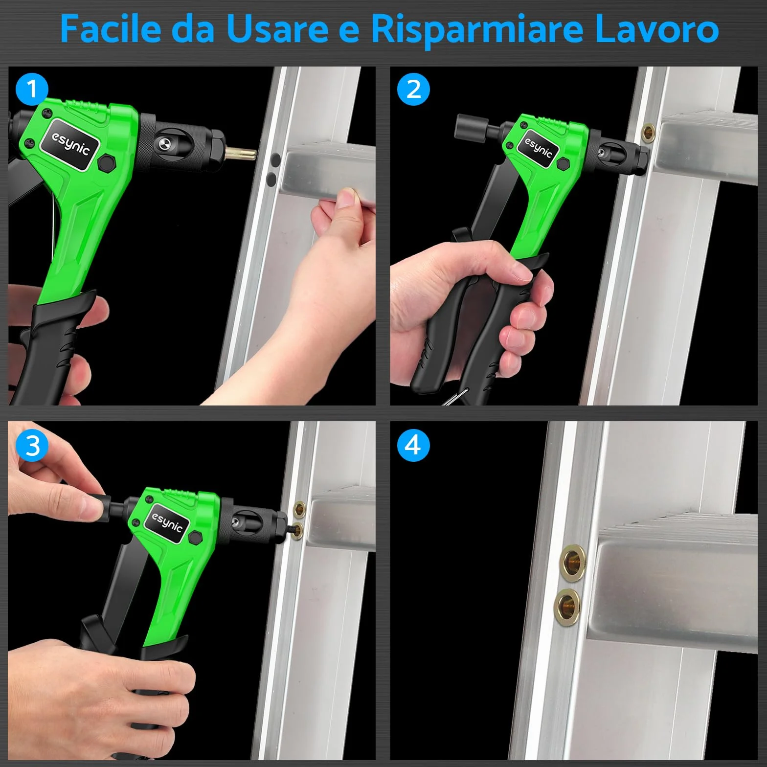 ESYNiC Kit Rivettatrice Professionale 8" 100pz Rivetti Dadi M3 M4 M5 M6 Pinza Pistola Manuale