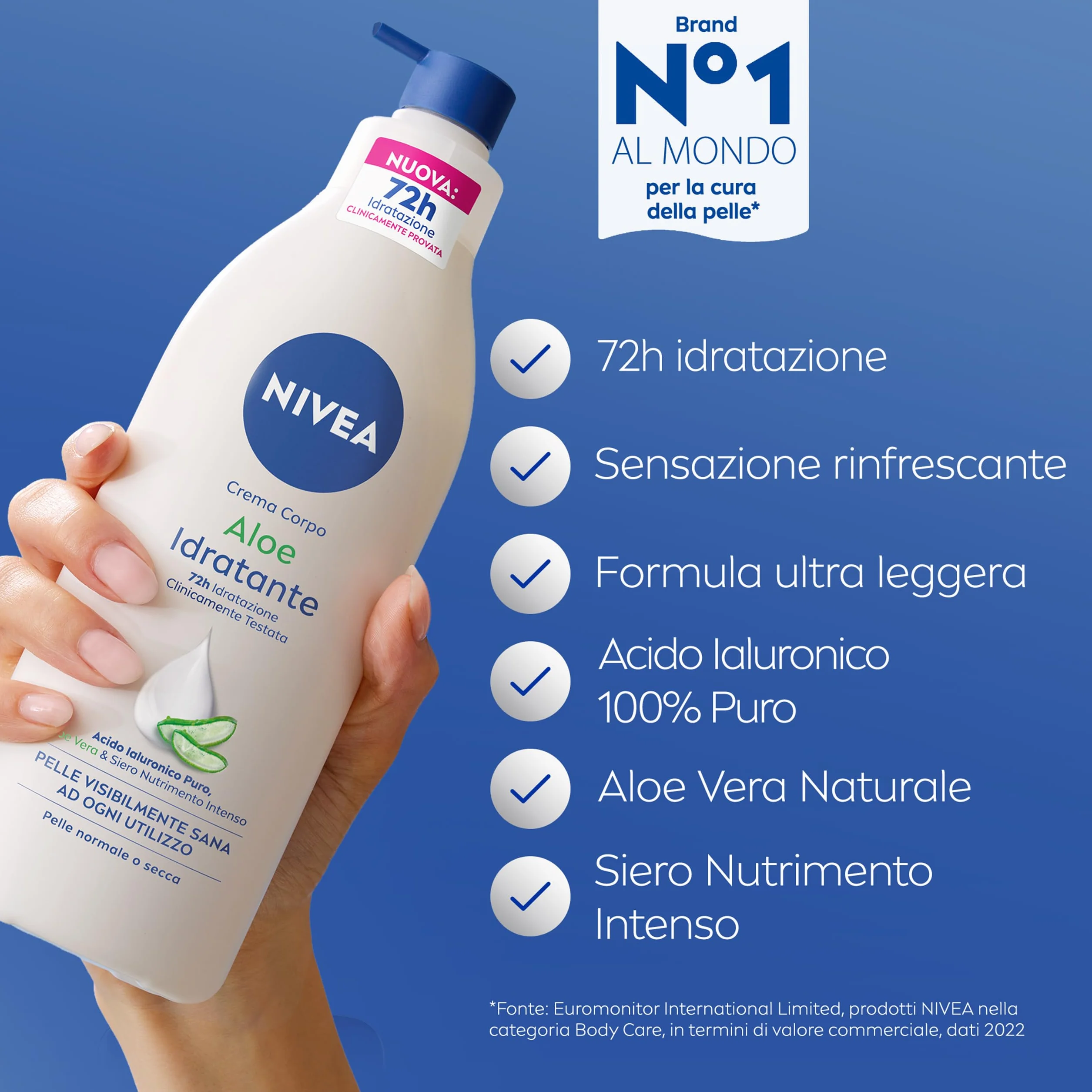 NIVEA Crema Corpo Aloe Idratante 500 ml, Crema idratante corpo 72h arricchita con Acido Ialuronico Puro, Aloe Vera e Siero Nutrimento Intenso, Crema corpo idratante pelle secca o normale