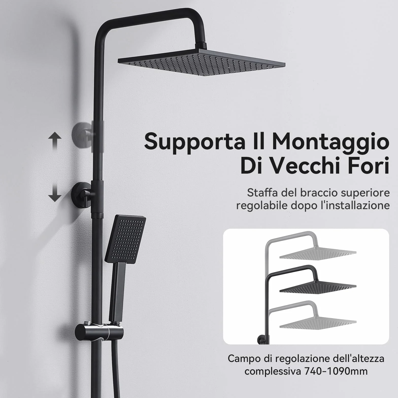 Auralum Colonna Doccia Senza Miscelatore 74-109cm Regolabile Set Soffione Doccetta Nero