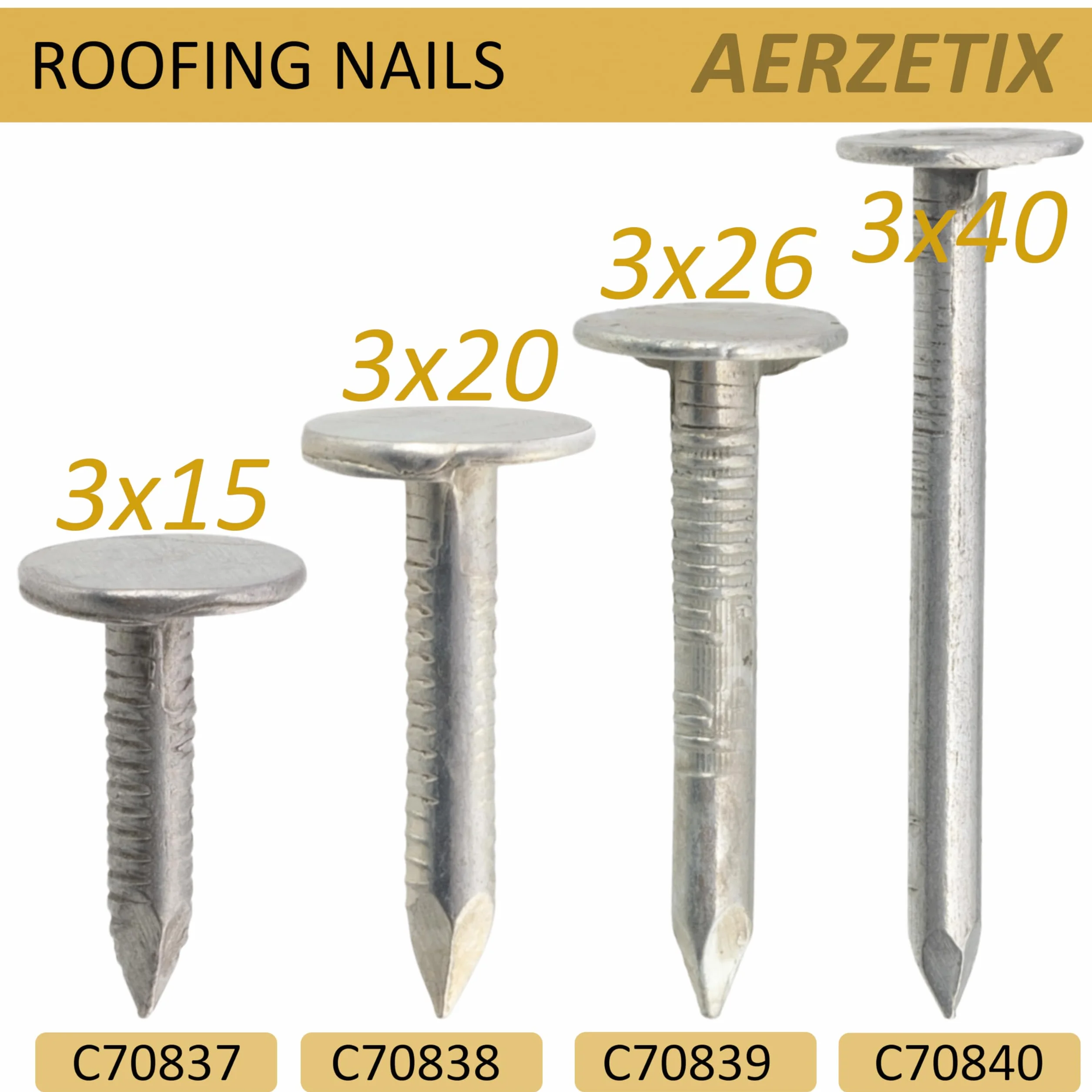 AERZETIX Set 300 Chiodi testa piatta larga Ø3x20mm acciaio argento per tegole bituminose carpenteria tetti