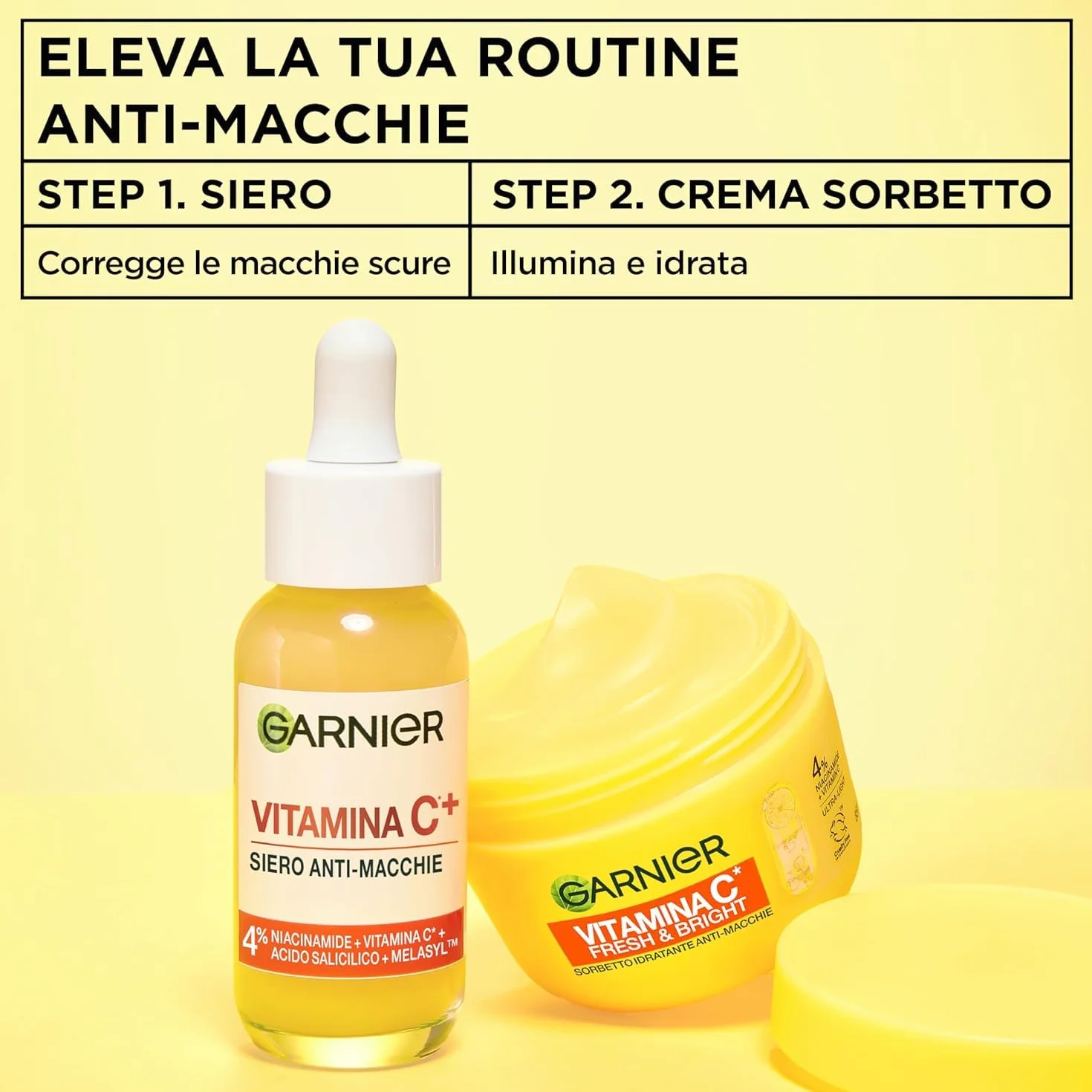 Garnier Routine Anti-Macchie: Siero Vitamina C Viso Potenziato con Niacinamide e Melasyl 30ml e Fresh & Bright Sorbetto Vitamina C Crema Viso Idratante Ultra Leggera 85ml