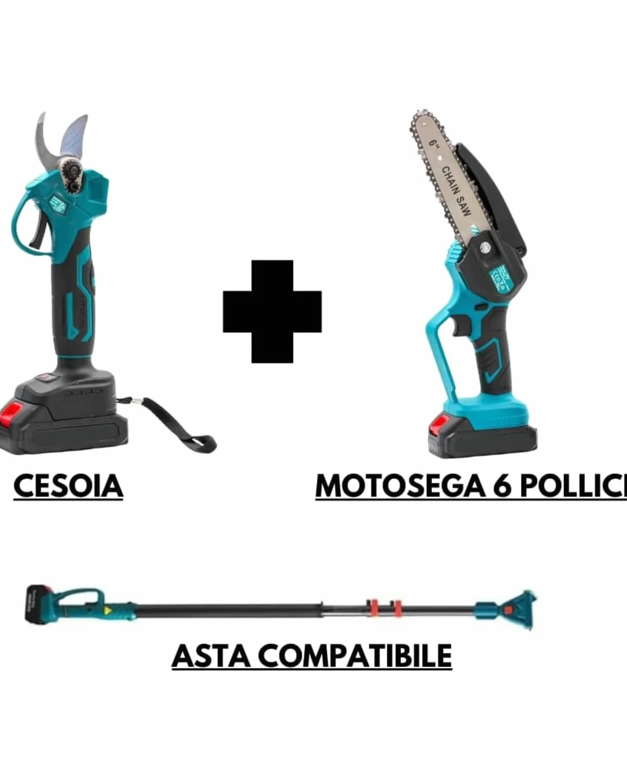 Accessori Kit Potatura 3 in 1 a Batteria: Forbici Elettriche + Mini Motosega 6” + Asta Telescopica 128-248 cm
