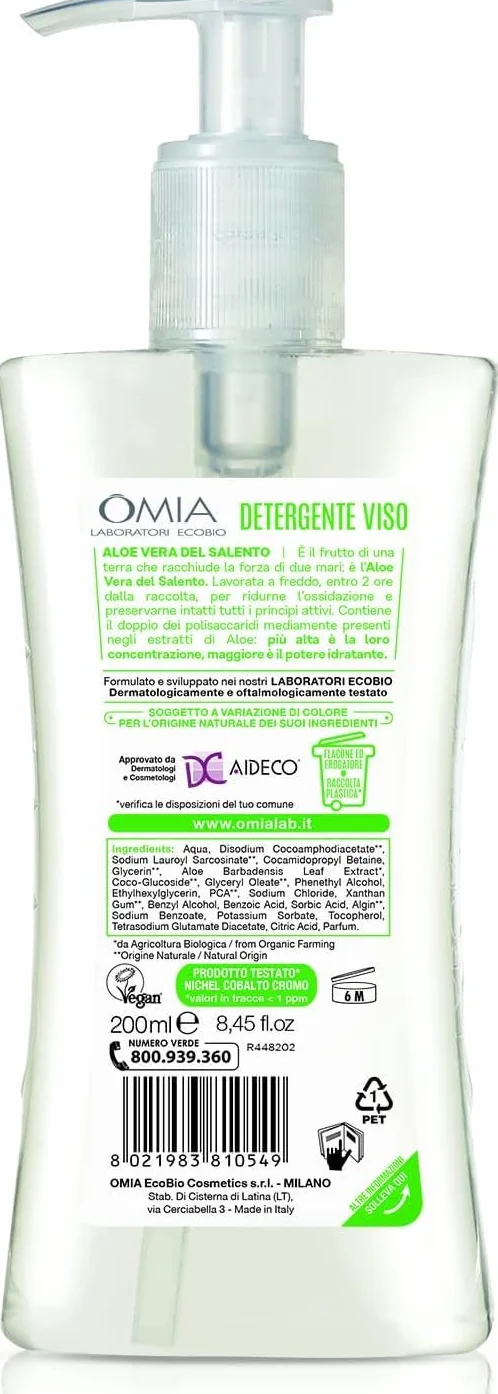Omia - Detergente Viso Aloe Vera del Salento Eco Bio, Struccante Idratante, Equilibrante, Adatto a Tutti i Tipi di Pelle, Dermatologicamente Testato.