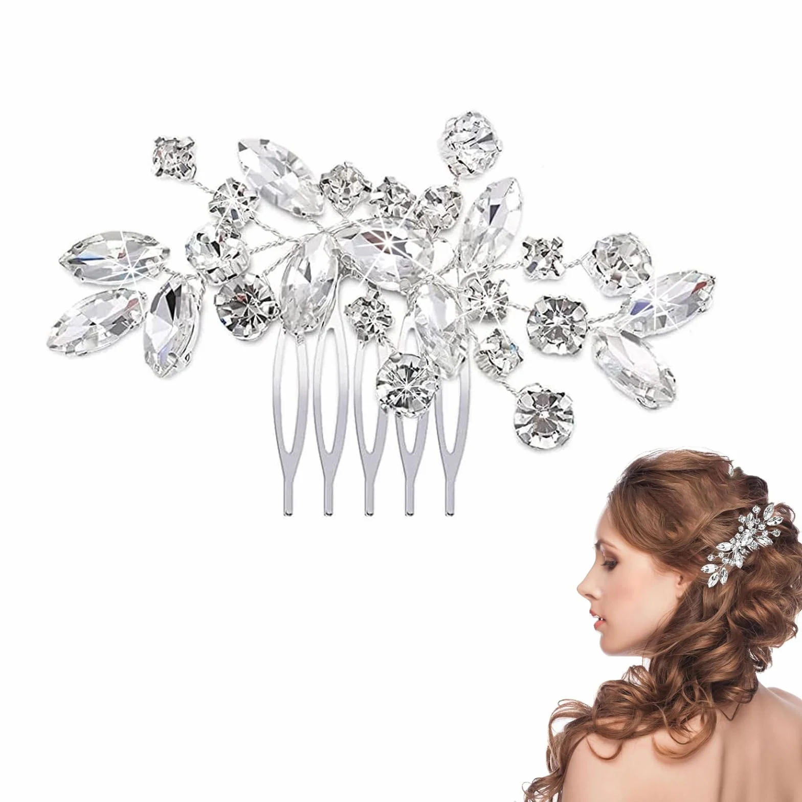 Pettine Sposa, per Capelli con Fiori di Perle Cristallo Accessori Capelli Sposa Pettine per Decorazione Acconciatura Capelli per Sposa Matrimonio Nozze Argento
