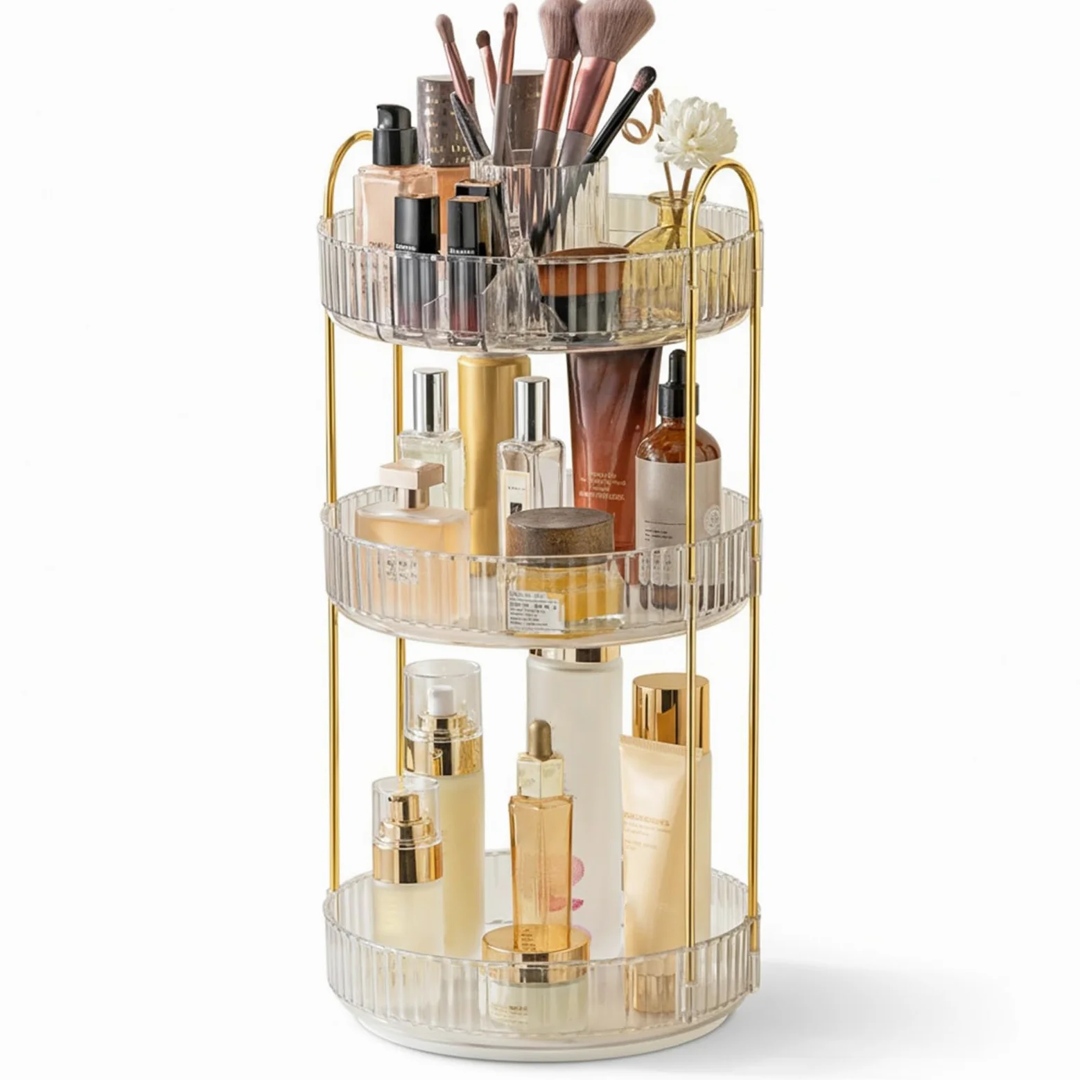 SHANNA Organizer Trucco: Porta Trucchi Rotante a 360° a 3 Livelli, Grande Capacità, Porta Pennelli Rotante Multifunzione, per Comò, Camera da Letto (Chiaro-A)