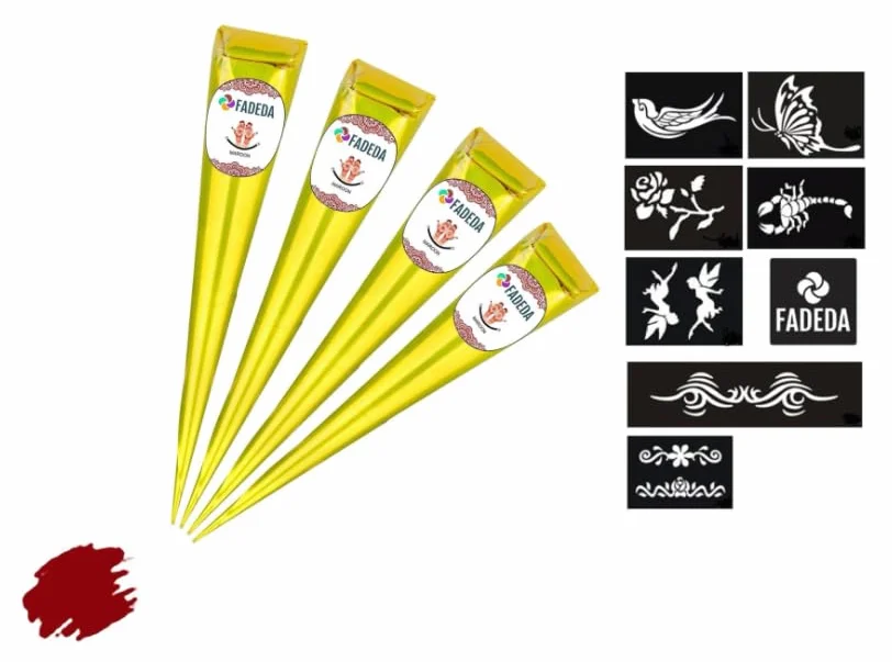 4 coni di henné FADEDA | 4 x 25 g pasta naturale | marrone castagno (rosso-marrone) | 8 diversi stencil adesivi | 100% vegetale | pronto all'uso e senza PPD