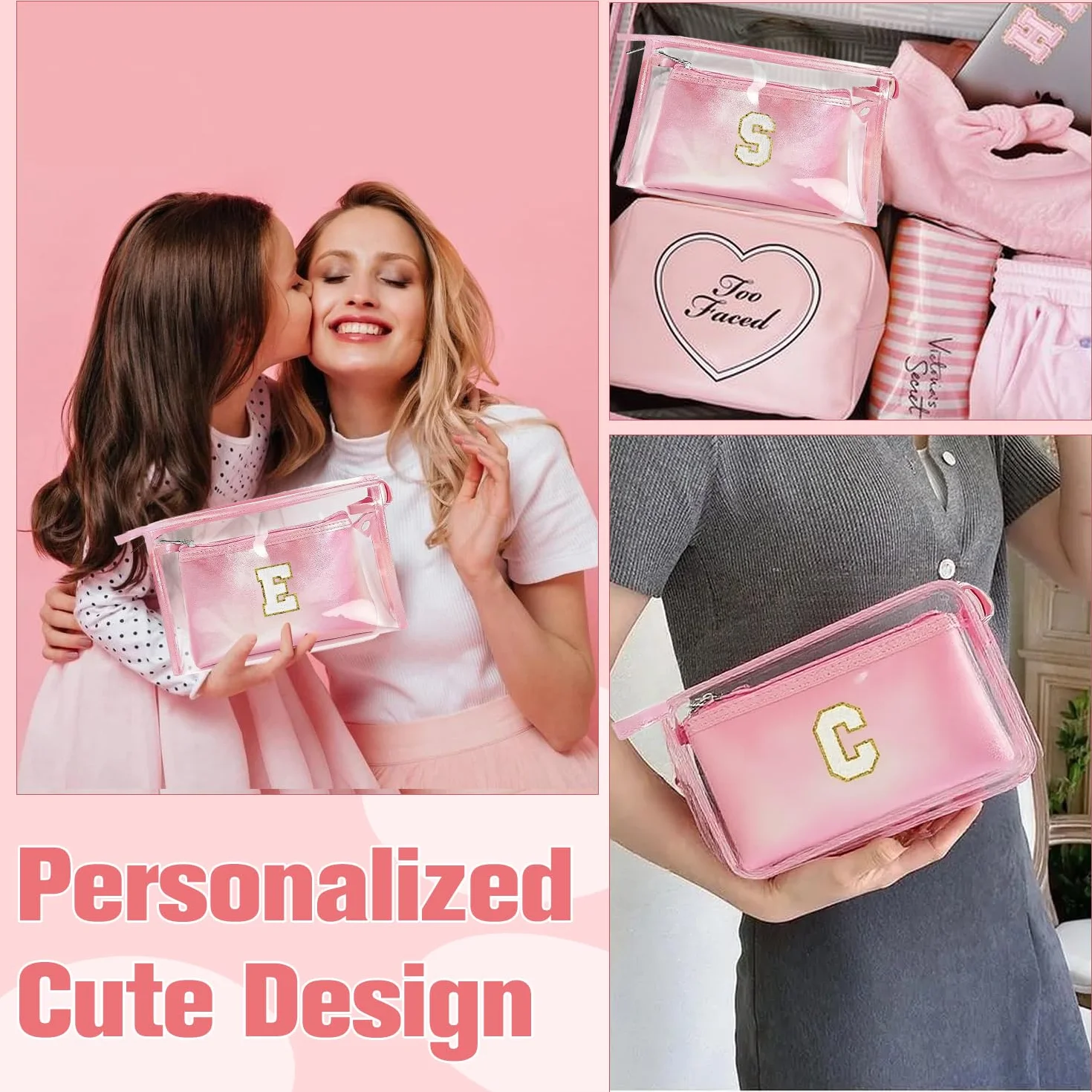 2 Pezzi Beauty Case da Viaggio Trasparente, Trousse Trucchi Donna, Borsa da Toilette in PU-PVC, Borse da Viaggio Impermeabile, Borsa Cosmetici Regalo Compleanno Natale Ideale per Donne Ragazze Rosa K