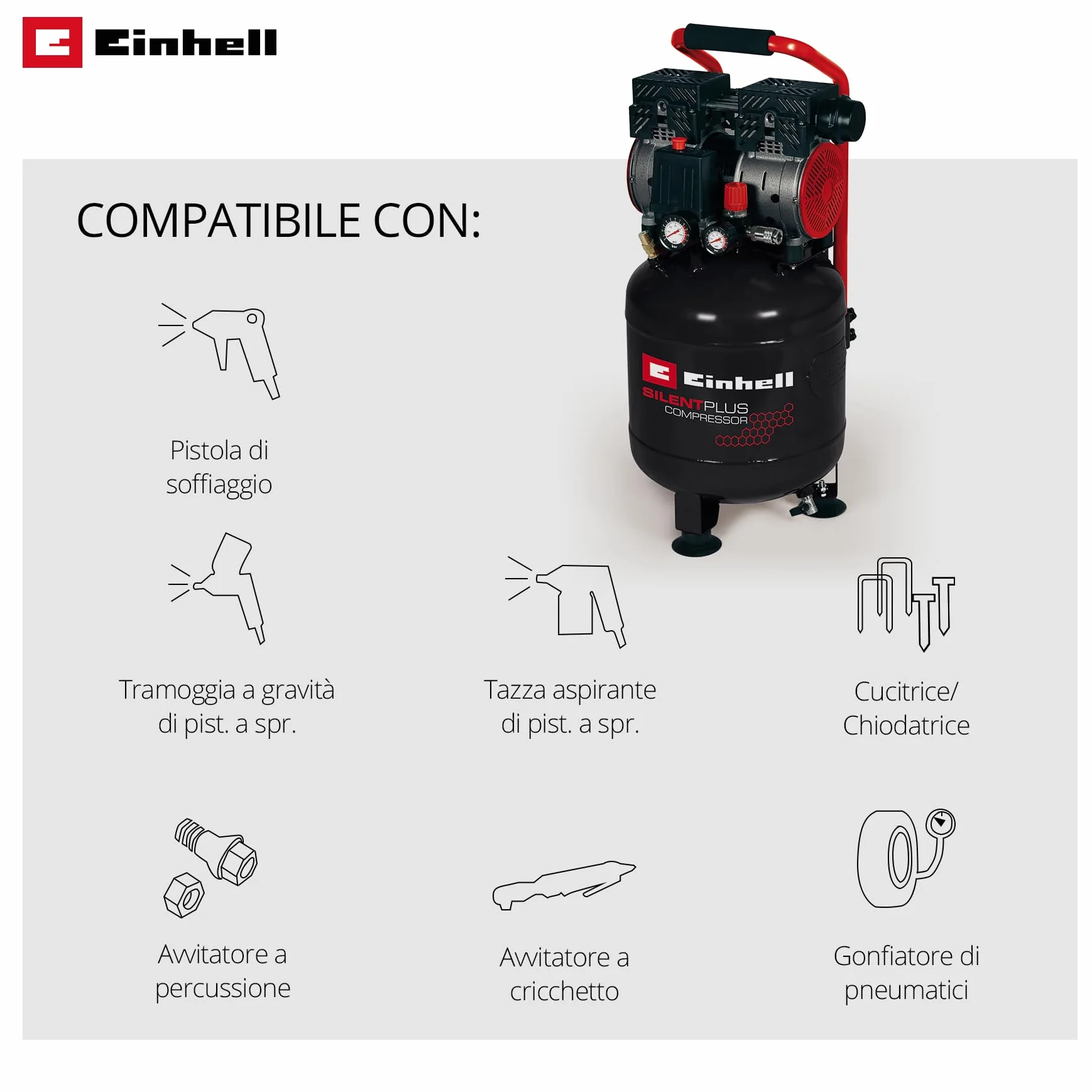 Einhell TE-AC 24 Compressore silenziato 220-240V 750W 24l 8bar 100l/min 57dB(A)