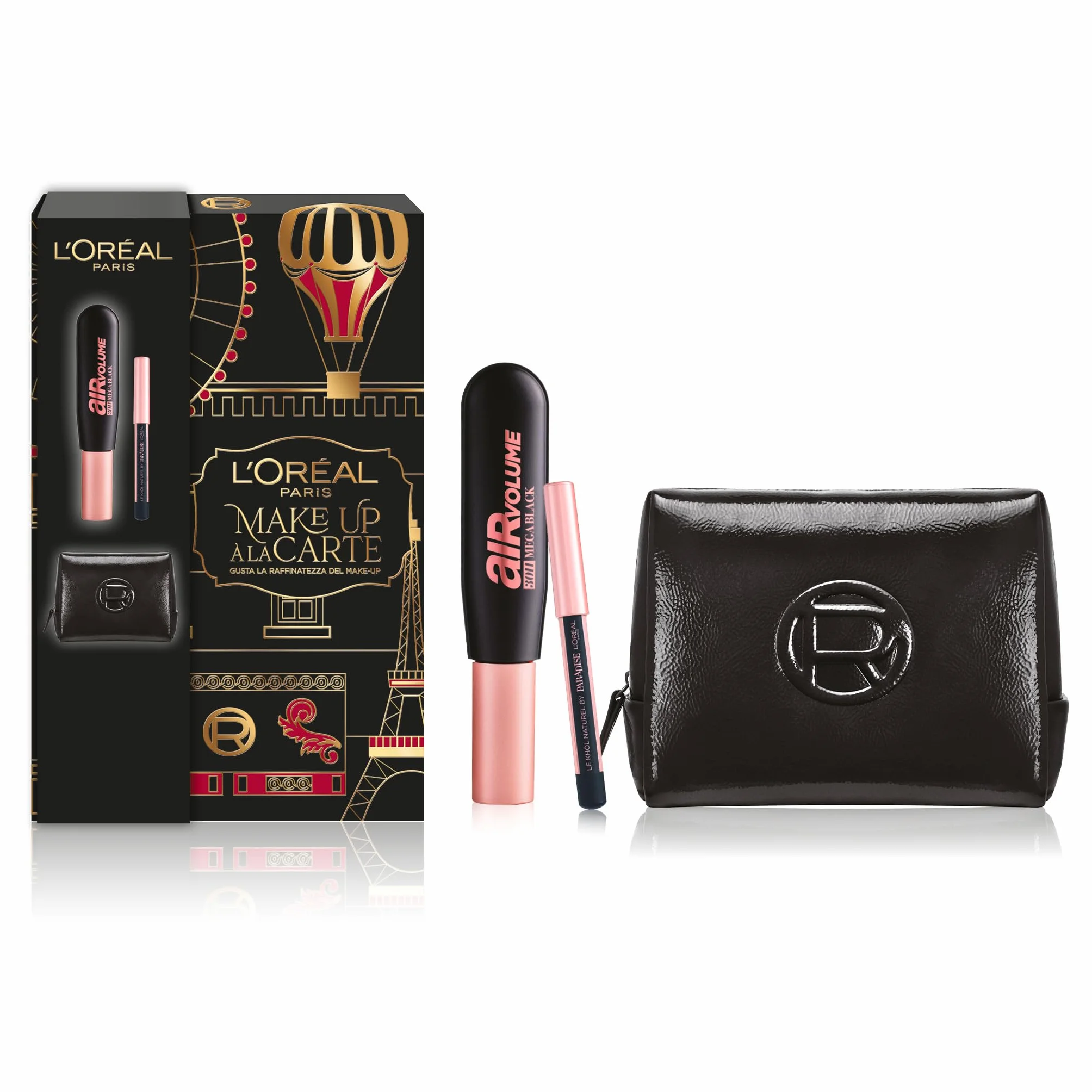 L'Oréal Paris Pochette Regalo Make Up à La Carte con Mascara Volumizzante Air Volume 30H Extra-Nero e Mini-Matita Occhi, Per i Tuoi Look Festivi, Con Elegante Beauty Case in Vernice Nera