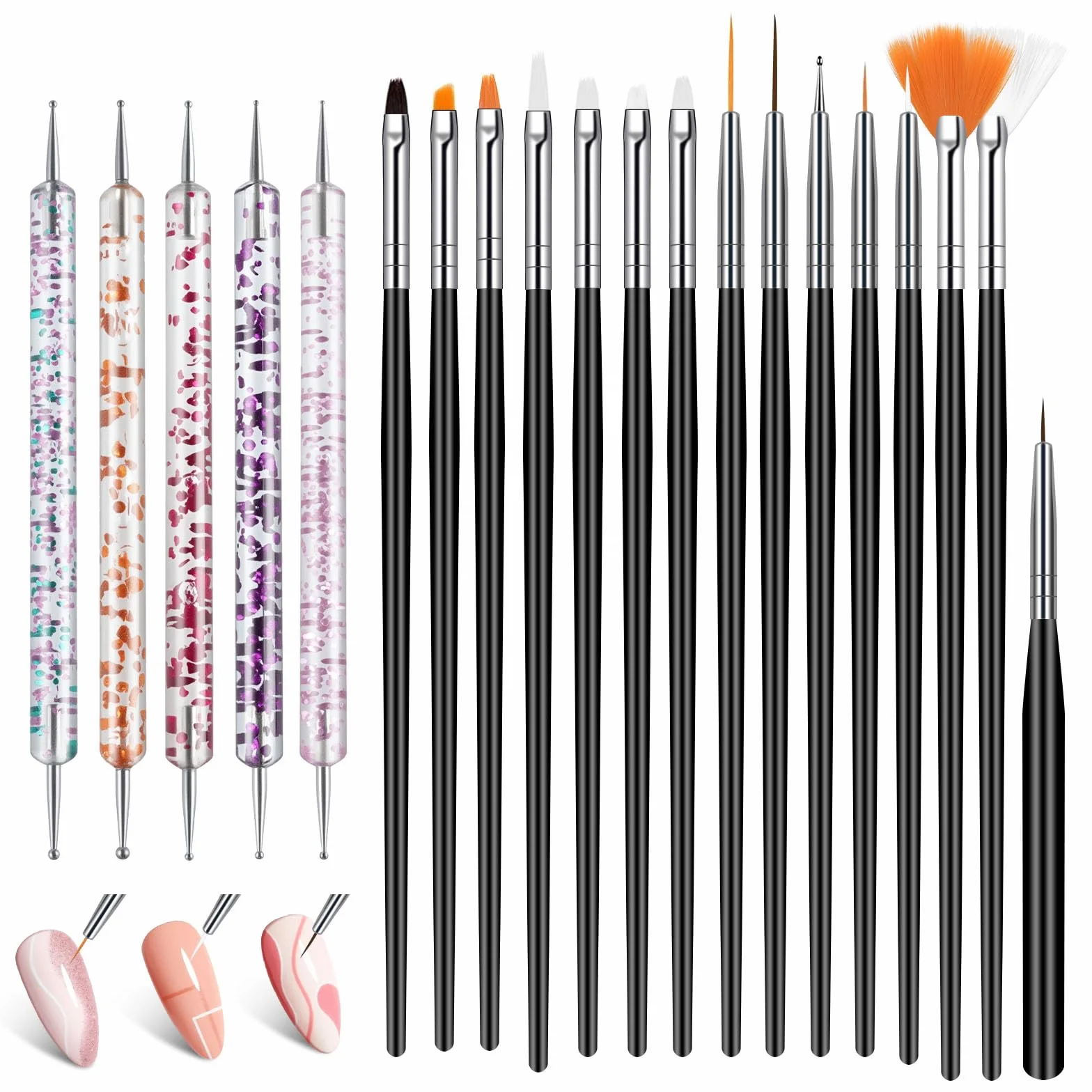 Nail Art Pennelli Unghie, 15 Pezzi Pennelli Unghie Gel e 5 Pezzi Dotter per DIY Disegno Decorazioni, Pennelli Nail Art Professionali per Disegnare DipingereLlinee e Fiori, Nero