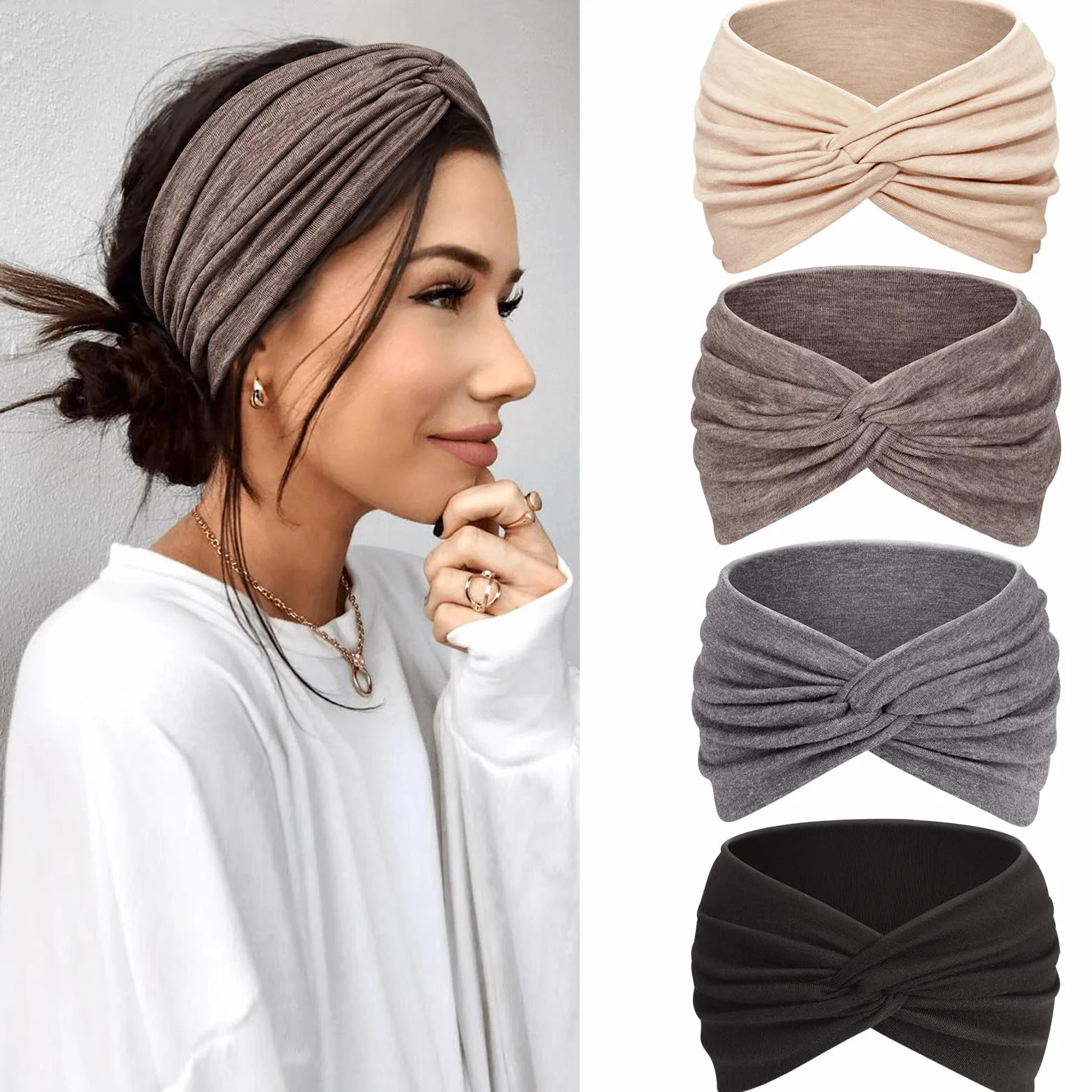 Kavya Fascia Capelli Donna Cerchietto Capelli Donna 4 Pezzi – 7'' Extra Large Elastico Boho, Turbante Fasce per Capelli Bandana Headband per Yoga, Skincare e Lavoro Quotidiano