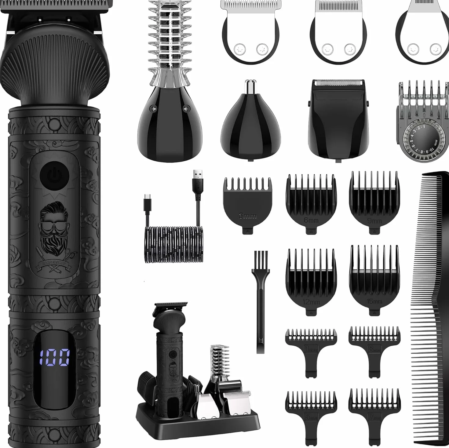 Surker Regolabarba uomo Rasoio Elettrico Barba Capelli Corpo Macchinetta per Barba Beard Trimmer Clipper Kit T-Blade Rasoio per Capelli 7 in 1，Nero