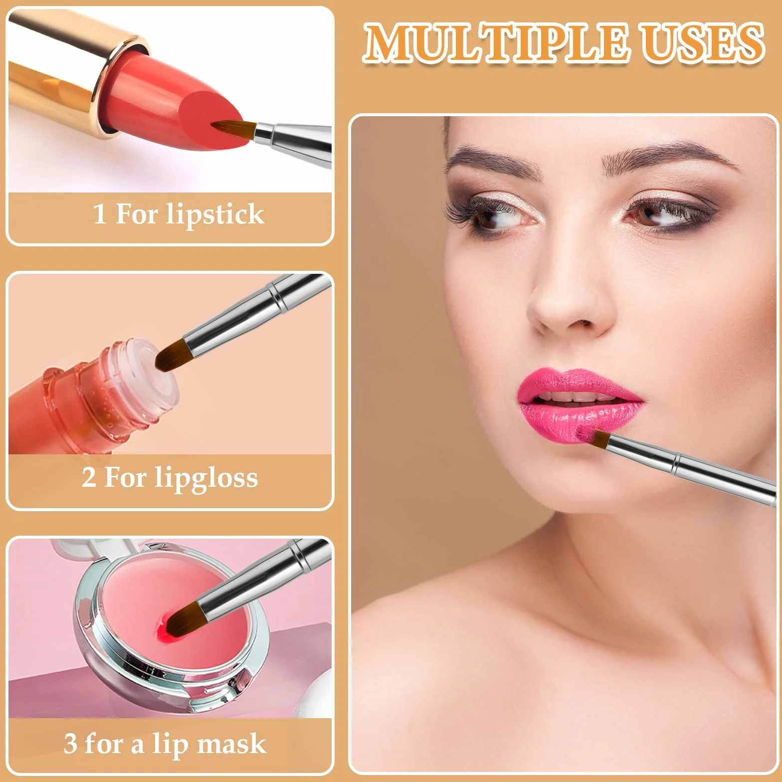 Pennello retrattile per labbra, portatile, a doppia estremità, per rossetto, lucidalabbra, correttore, contorno labbra, strumento per il trucco (argento)