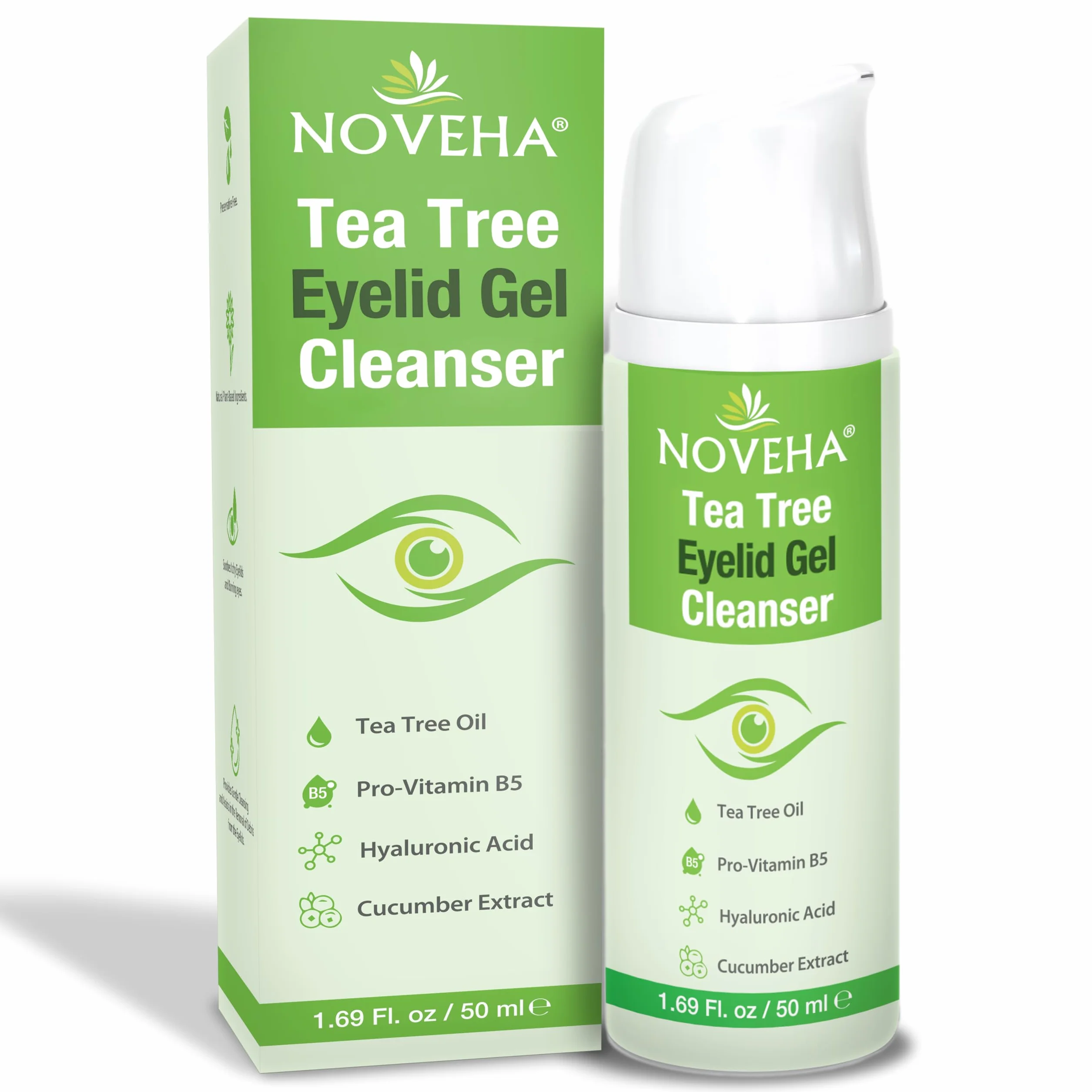 NOVEHA Tea Tree Palpebre Gel Cleanser – Detergente quotidiano a base vegetale con cetriolo, pro-vitamina B5 e acido ialuronico – Detergente rinfrescante per la zona occhi – 50 ml