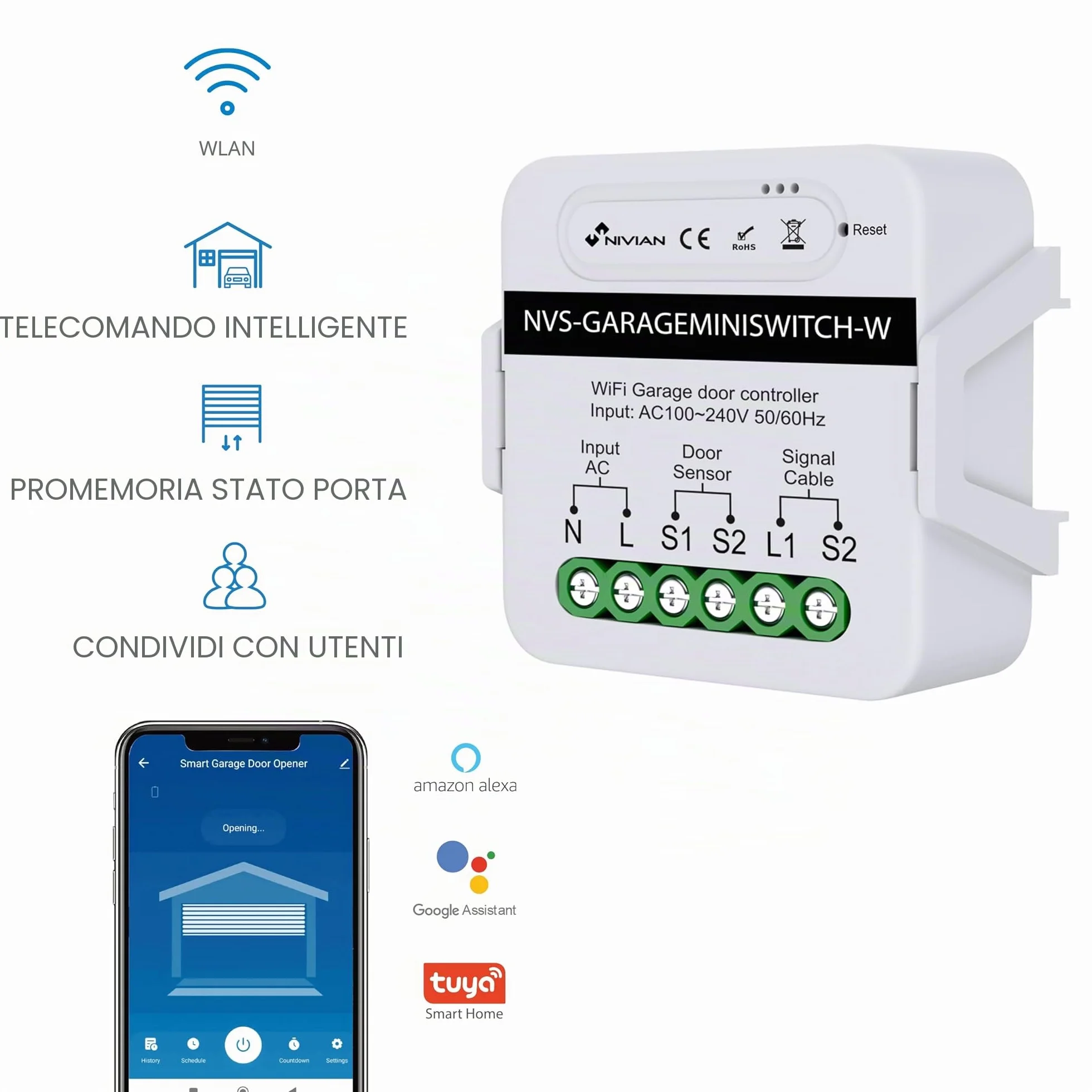 NIVIAN Controller WiFi per motore Porta del Garage, Compatibile con Alexa e Google, App Tuya/SmartLife