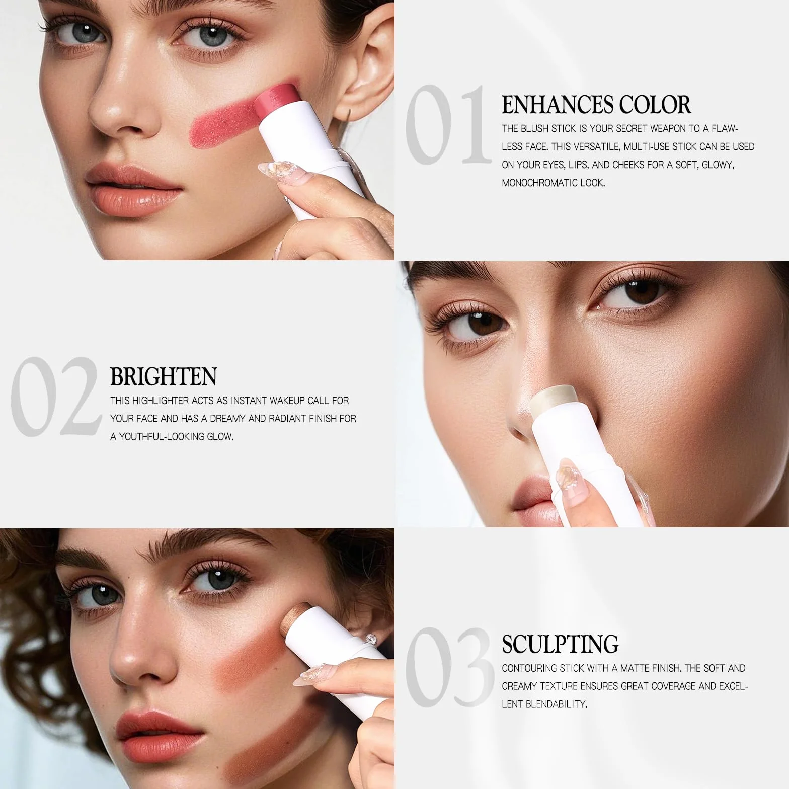 bayfree 3 PCS Makeup Cream Contour Stick Set, Illuminante Viso & Blush & Bronzer Stick, Effetto Naturale Opaco o Lucido, Lunga Durata, Multiuso per Ogni Tipo di Pelle