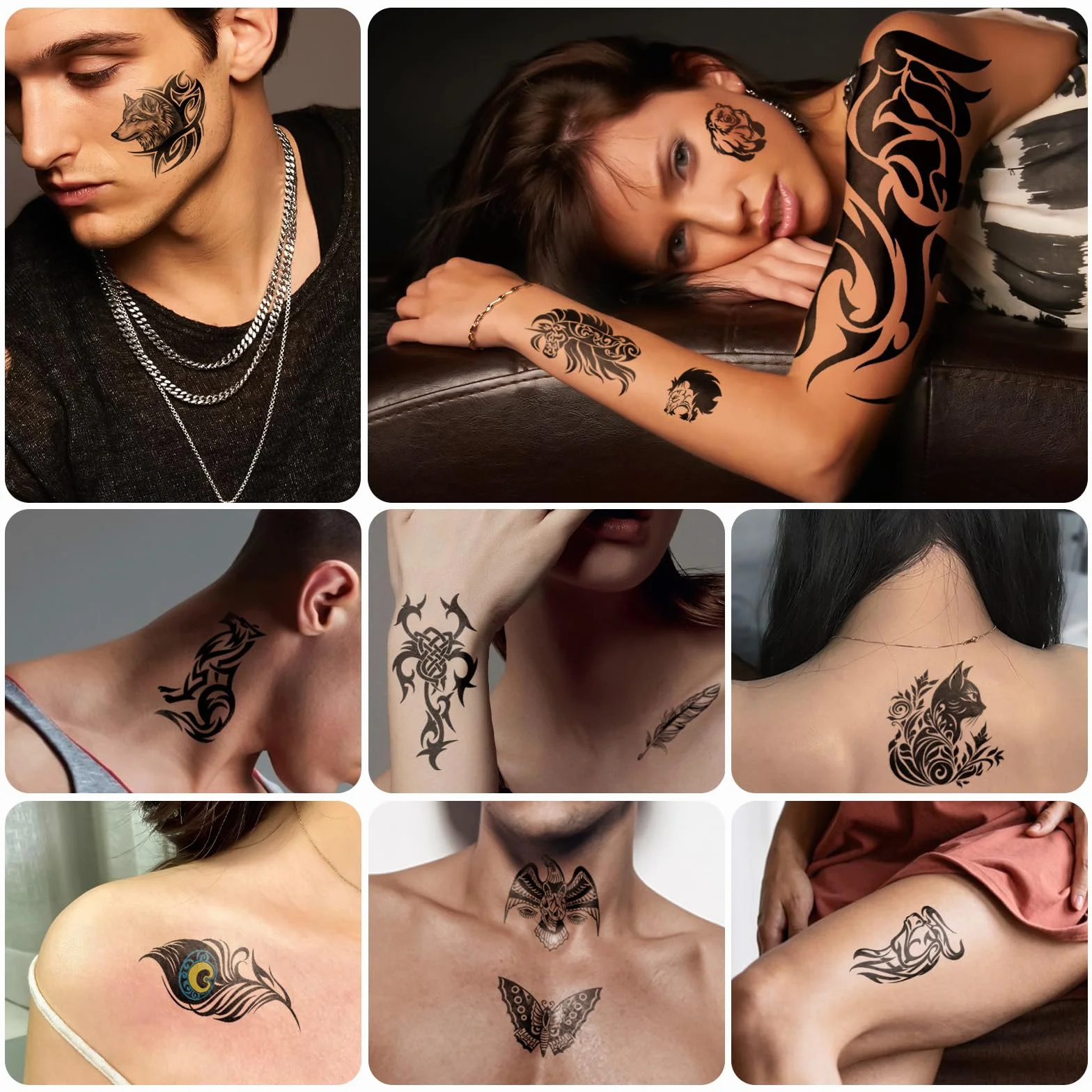 77 Fogli Tatuaggi Temporanei, 17 Fogli Tatuaggi Finti per il Corpo a Mezzo Braccio Tribali Leone Gufo Lupo Tartaruga per Adulti Uomini Donne, 60 Fogli Piccoli Tatuaggi per Ragazzi Ragazze Feste