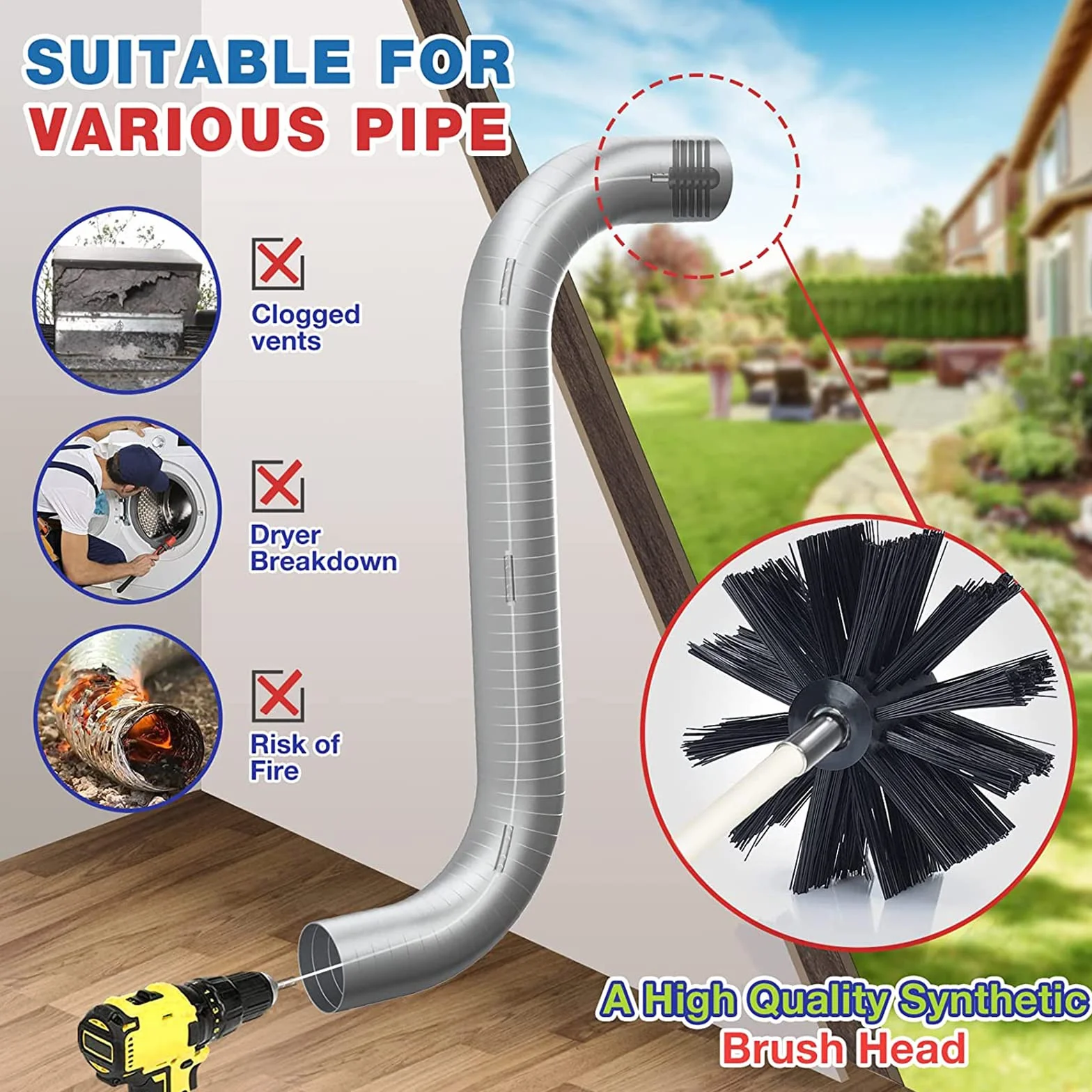 Spazzola Pulizia Camino 120mm Diametro con 12 Aste Nylon 410mm e 2 Testine per Canna Fumaria