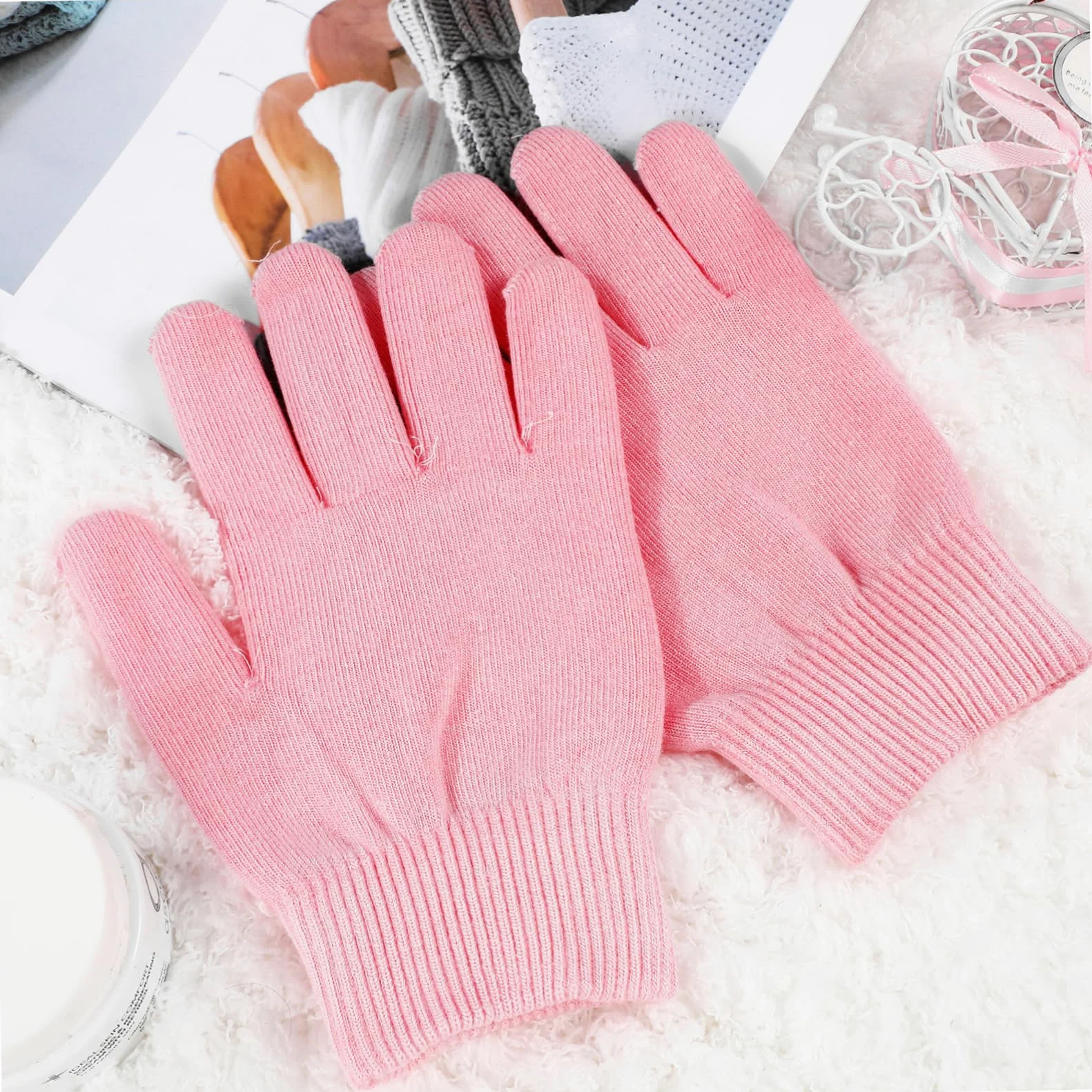 PLAFOPE Calzini Idratanti e Guanti Spa, 2 Set in Cotone Rosa, Traspiranti a Copertura Totale per Piedi e Mani Secche, Uso a Casa in Inverno