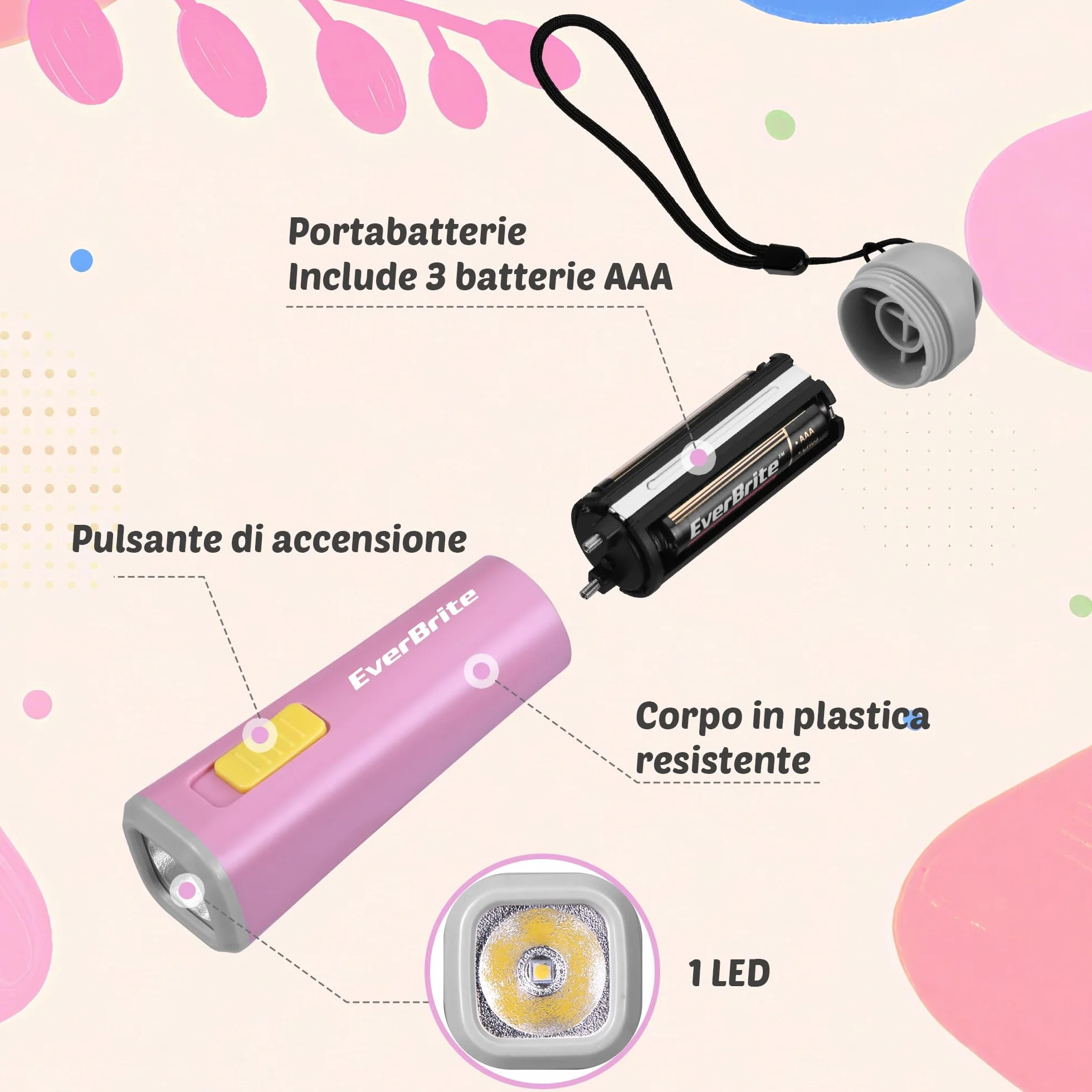 EverBrite Mini Torcia LED Rosa 46g Luce Gialla Calda 3 Batterie AAA Incluse