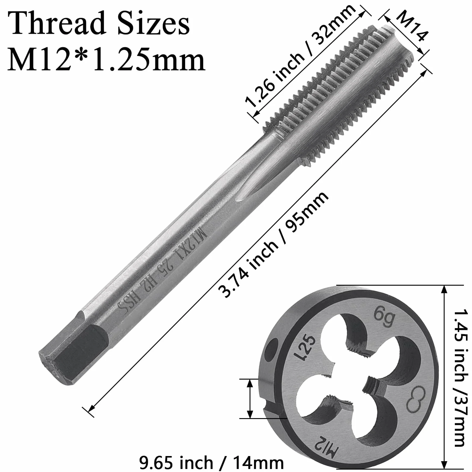 Set maschi e filiere HSS M12 x 1,25 mm filettatura destra fine diritta scanalata