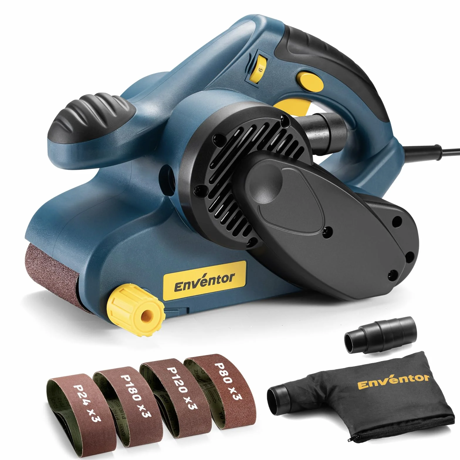 Enventor Levigatrice a Nastro 950W 6 Velocità 120-380m/min 12 Nastri Abrasivi 76 x 533mm Sacchetto Raccoglipolvere