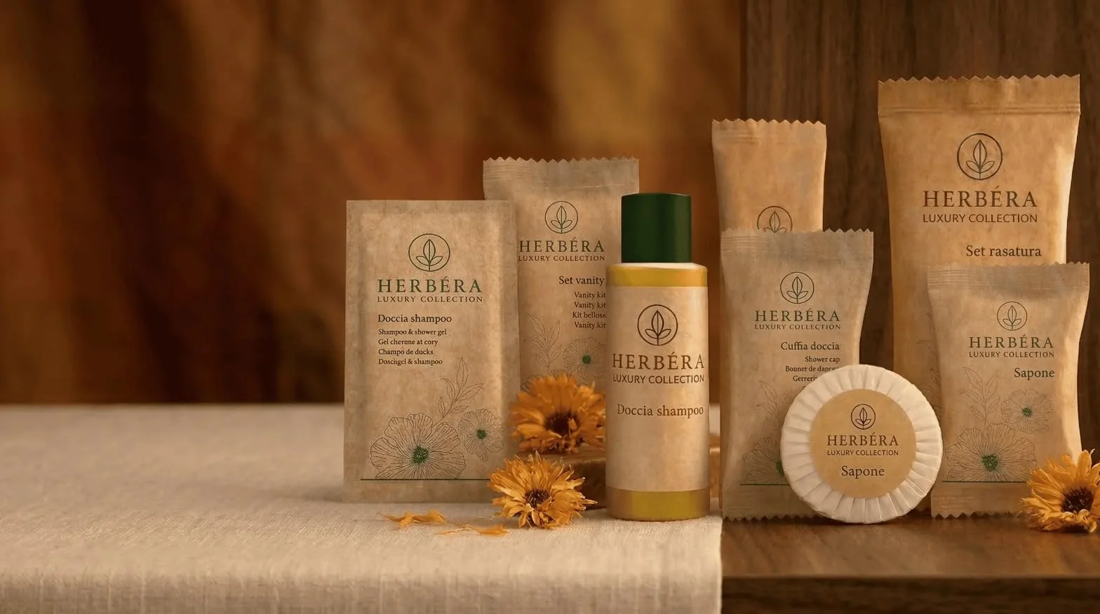 Bagno doccia gel igiene intima Gel Confezione 500 pezzi Bustina in carta BIO monodose Monouso da 10 ml Linea HERBERA Nuova collezione per Hotel B&B casa vacanze sapone per intimo Gel Bagnodoccia