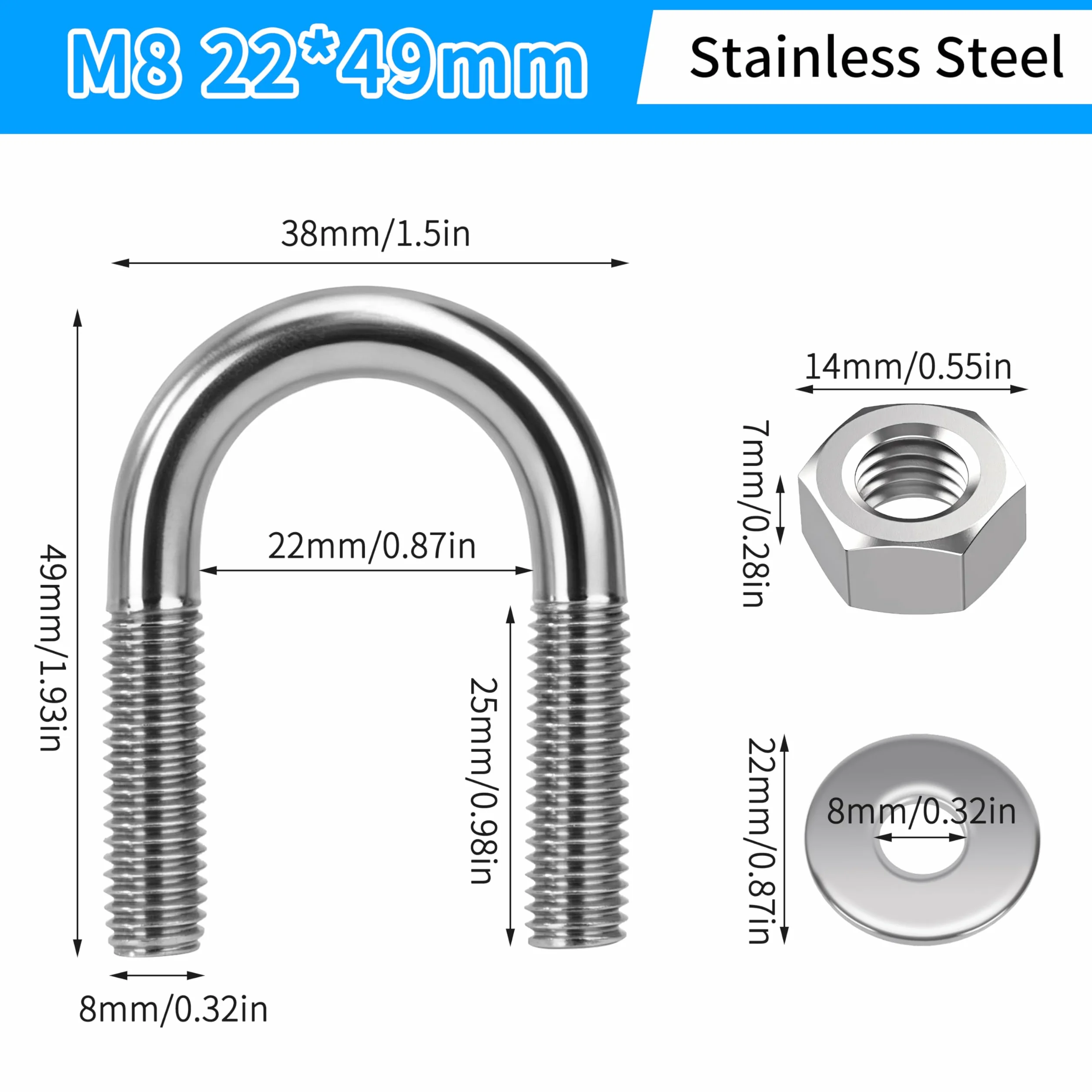 Bulloni a U in Acciaio Inox M8 Larghezza Interna 22mm Altezza 49mm per Tubi Barche Macchina 2 Pezzi