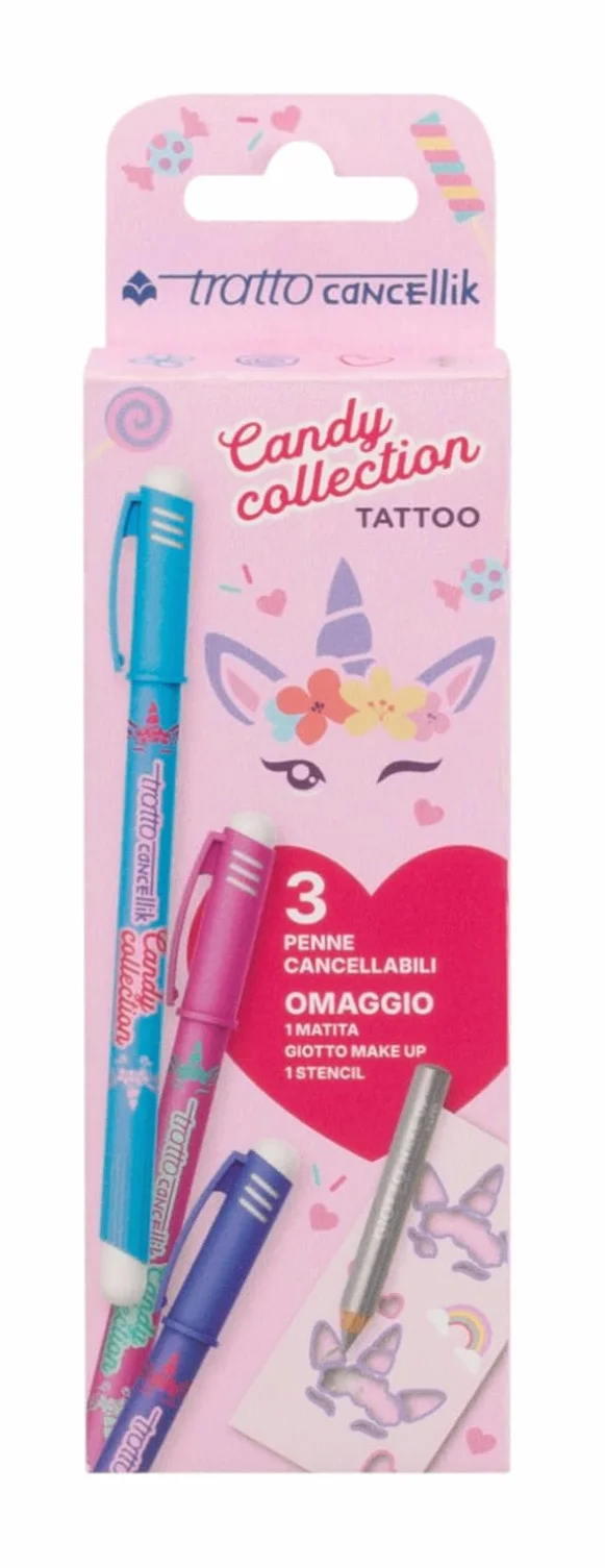 TRATTO Cancellik Candy Collection TATTOO - 3 penne cancellabili + 1 matita make up + Stencil tattoo