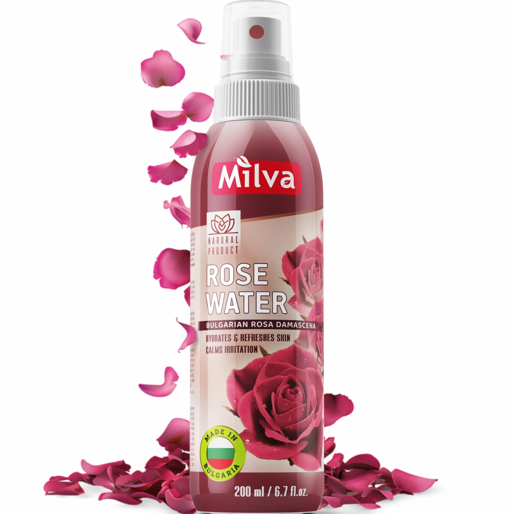 Milva Acqua di Rose Spray Idratante per Corpo e Viso, 200 ml – Tonico Spray Rinfrescante con Olio di Rosa Damascena Bulgara – Struccante Senza Alcol – Acqua di Rose Naturale anche per Capelli