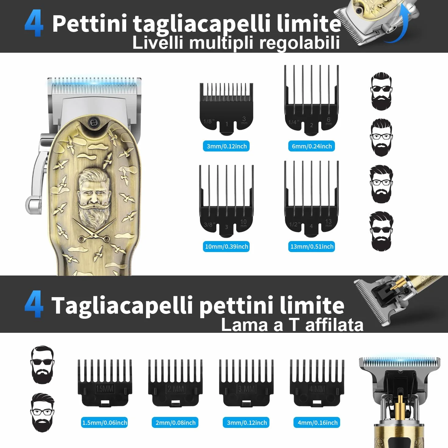 HIENA PRO Tagliacapelli Uomo Professionale, Macchinetta per Capelli Senza Fili, Regolabarba, Rasoio a Lamina, Tagliapeli Naso, Kit Completo per Rasatura e Taglio di Capelli Elettrico