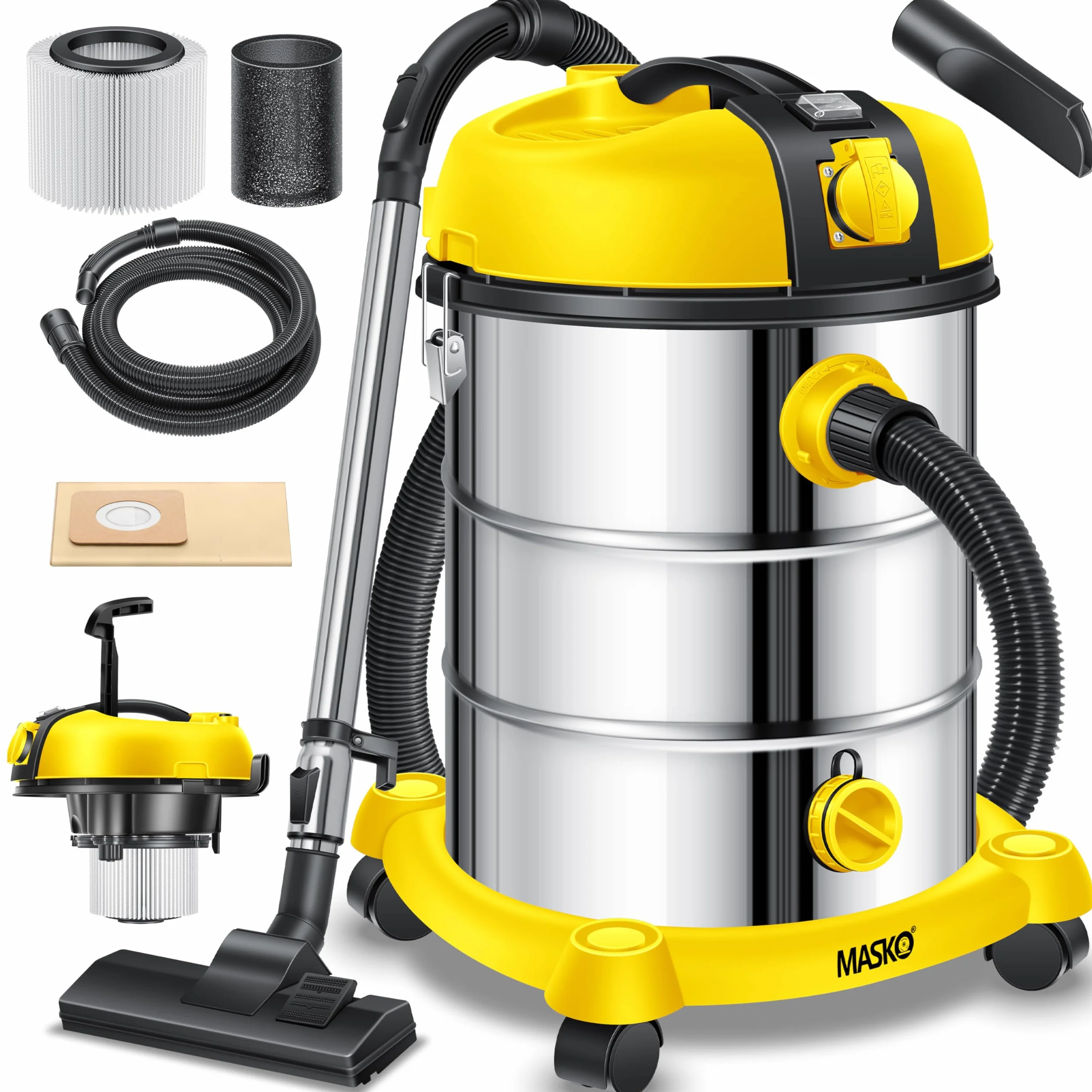 Masko Aspirapolvere industriale acciaio inox 2300 W presa corrente aspirazione secco umido soffiaggio Push&Clean Giallo