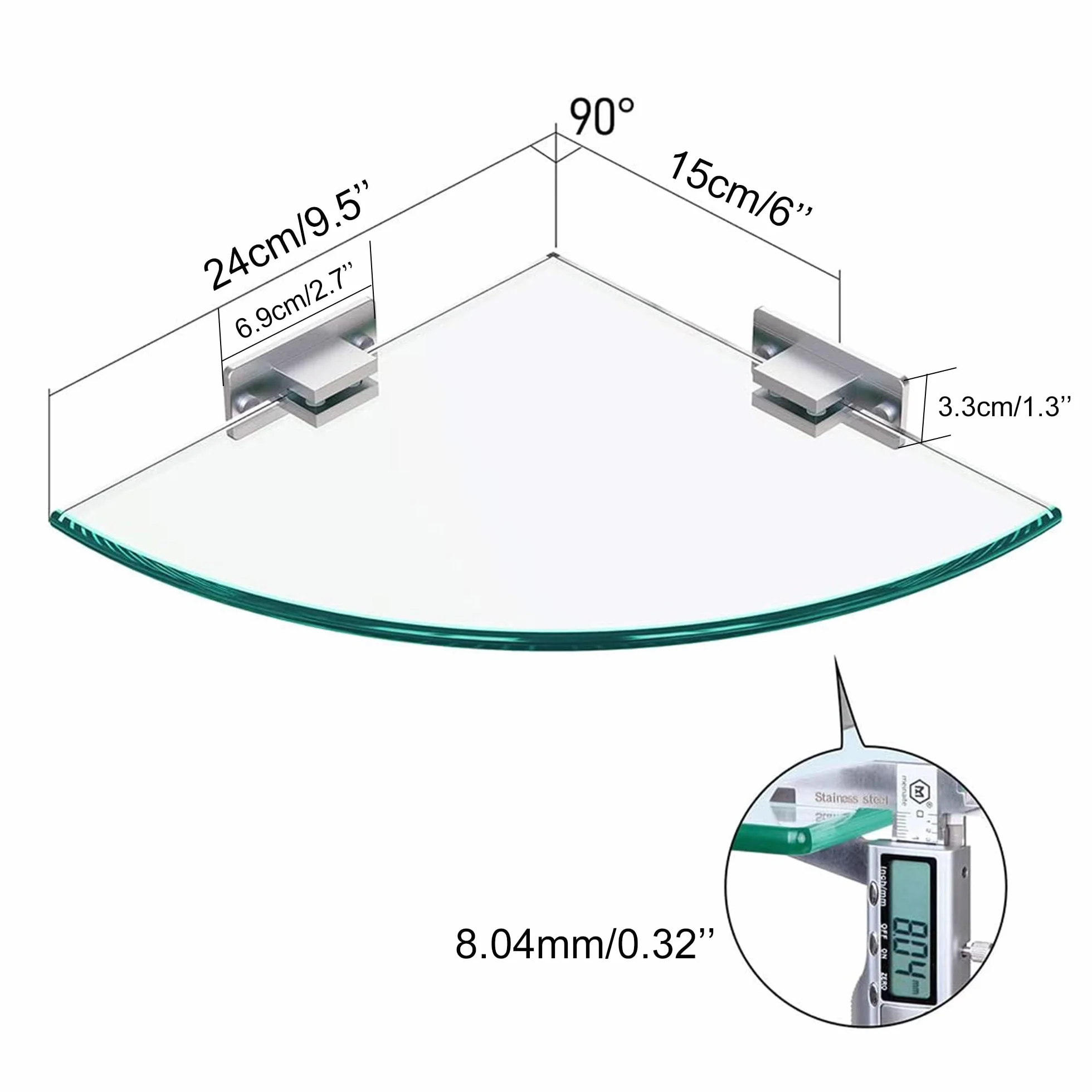 Mensola in vetro temperato da bagno triangolare 8 mm extra spesso 2 pezzi con staffa in alluminio
