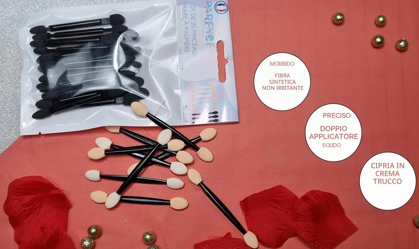 PARENCE - Set di 20 pennelli per ombretto, usa e getta, strumenti per il trucco, double face, spugna con punta, per applicazione di trucco, 20 pennelli, colore: nero/beige)