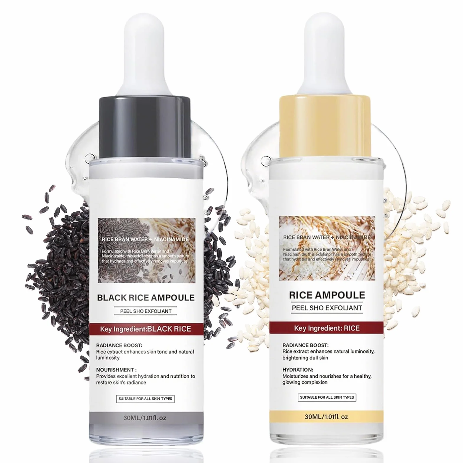 Peel Shot Glow Rice Ampoule Duo, 2PCS Siero Coreano Esfoliante al Riso Bianco & Nero, Delicato Viso Peeling, Rimuove Cellule Morte, Elimina Punti Neri, Pulisce Pori, Idrata Profondo