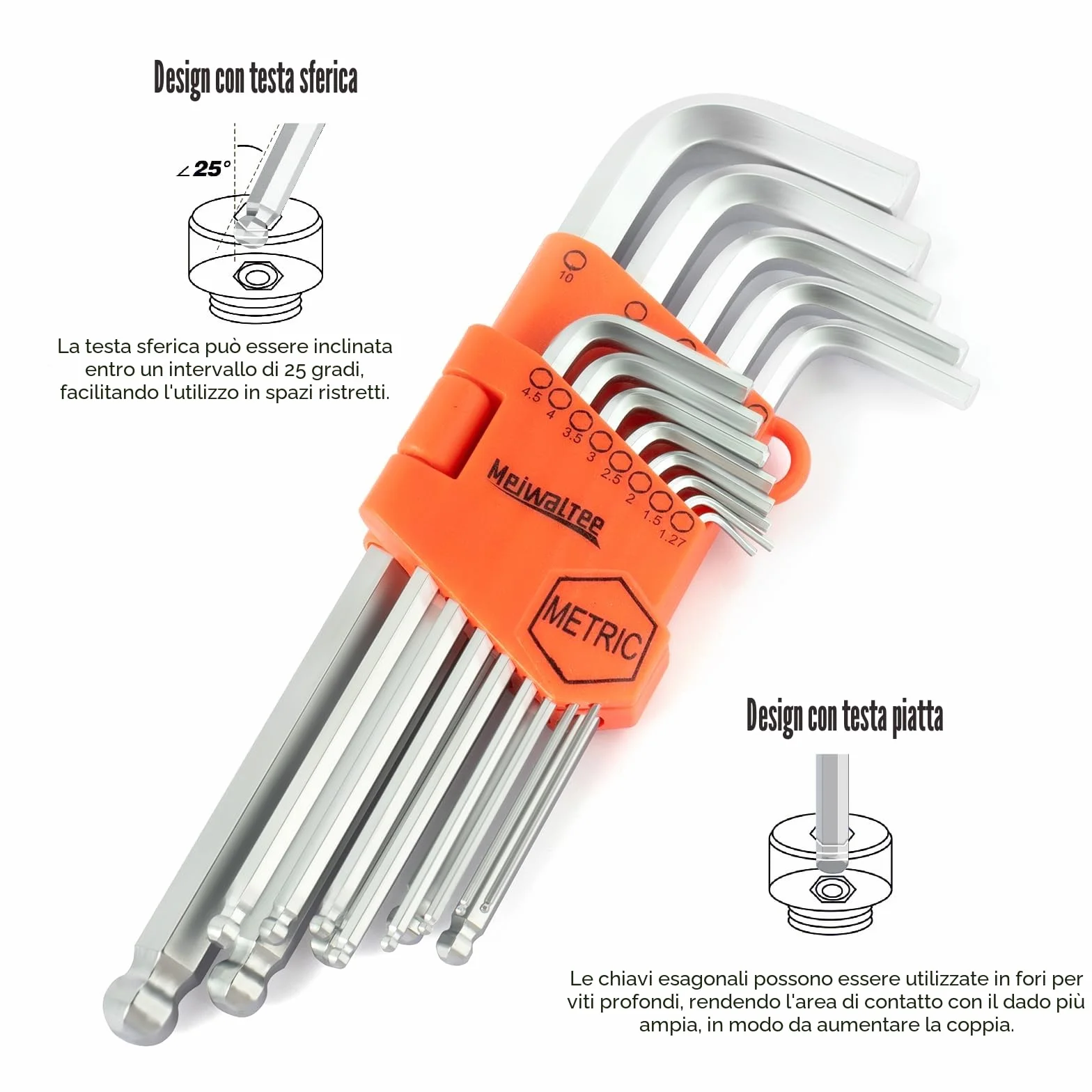 Set di 22 Chiavi a Brugola Esagonali con Testa a Sfera 1,27-10mm e Torx T10-T50, Acciaio Cr-V