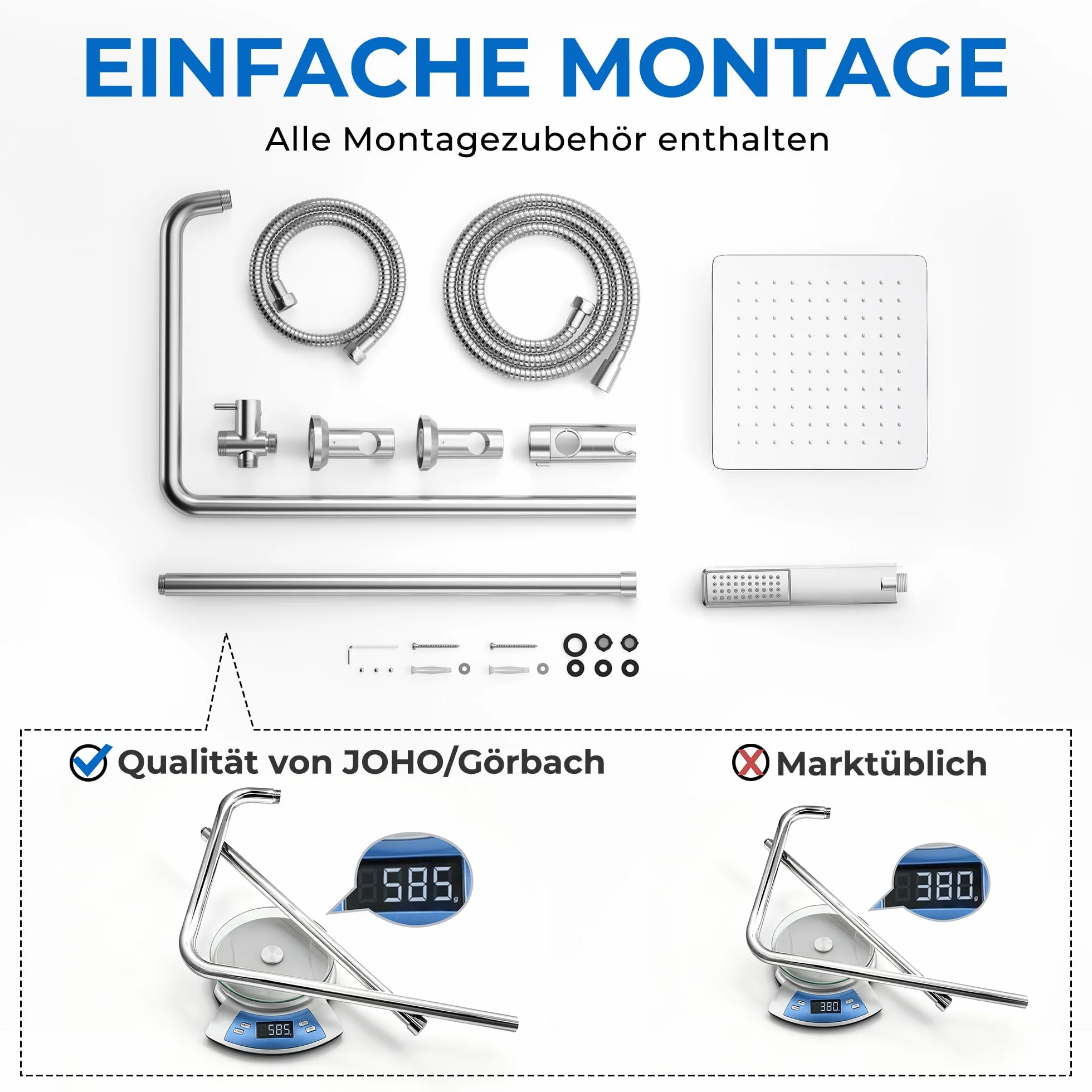Görbach Set Doccia a Pioggia Acciaio Inox 20x20 Quadrato Soffione Doccia Doccetta a Mano