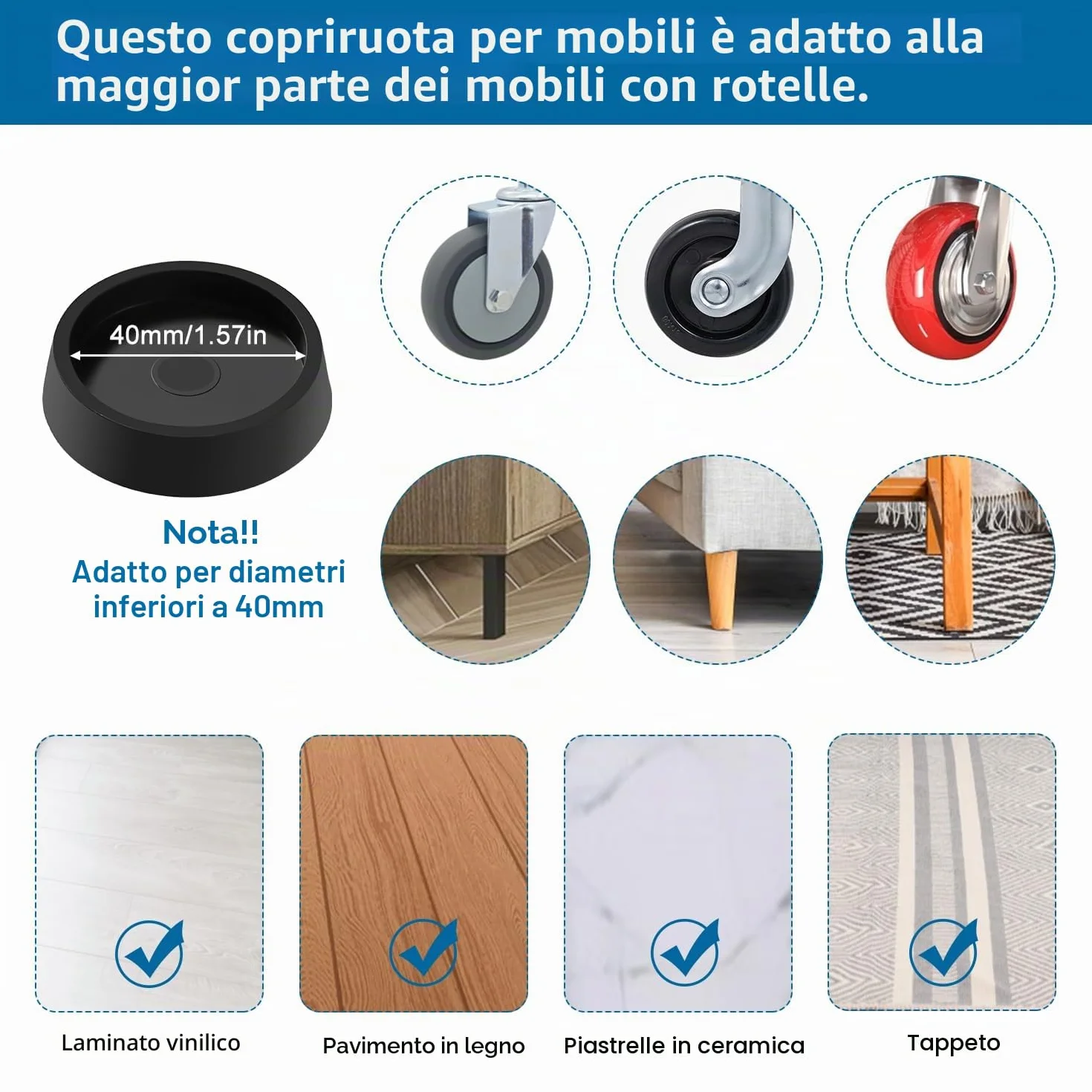 Protezioni per Pavimento Antiscivolo 6 Pezzi, Tazze di Ricino in Gomma per Mobili, Coppe per rotelle, Piedini in Gomma Sottobicchieri