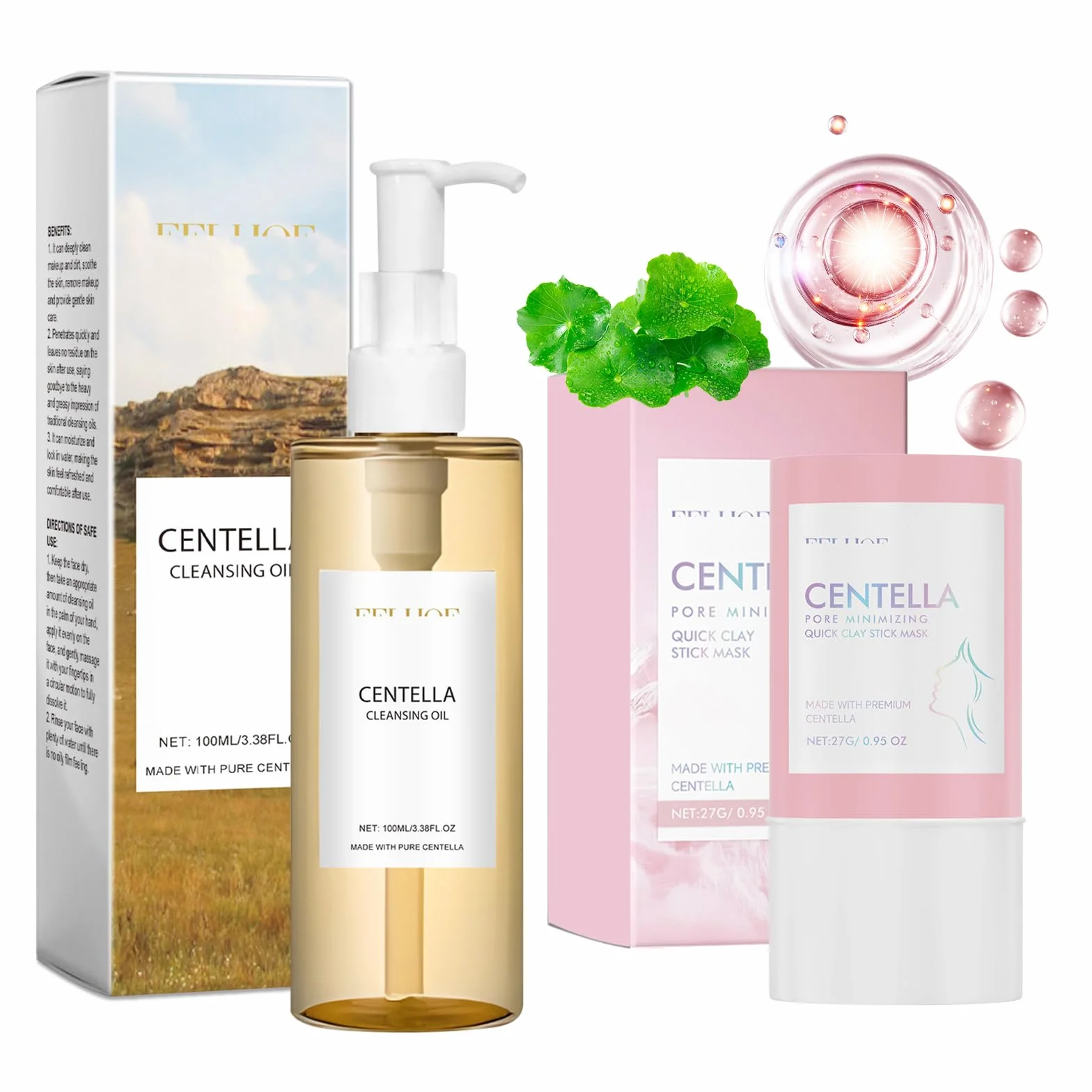 2 Pezzi Centella Kit, Centella Cleansing Oil + Centella Stick Mask, Cleansing Oil, Olio Detergente Viso, Deterge Delicatamente in Profondità e Restringe i Pori