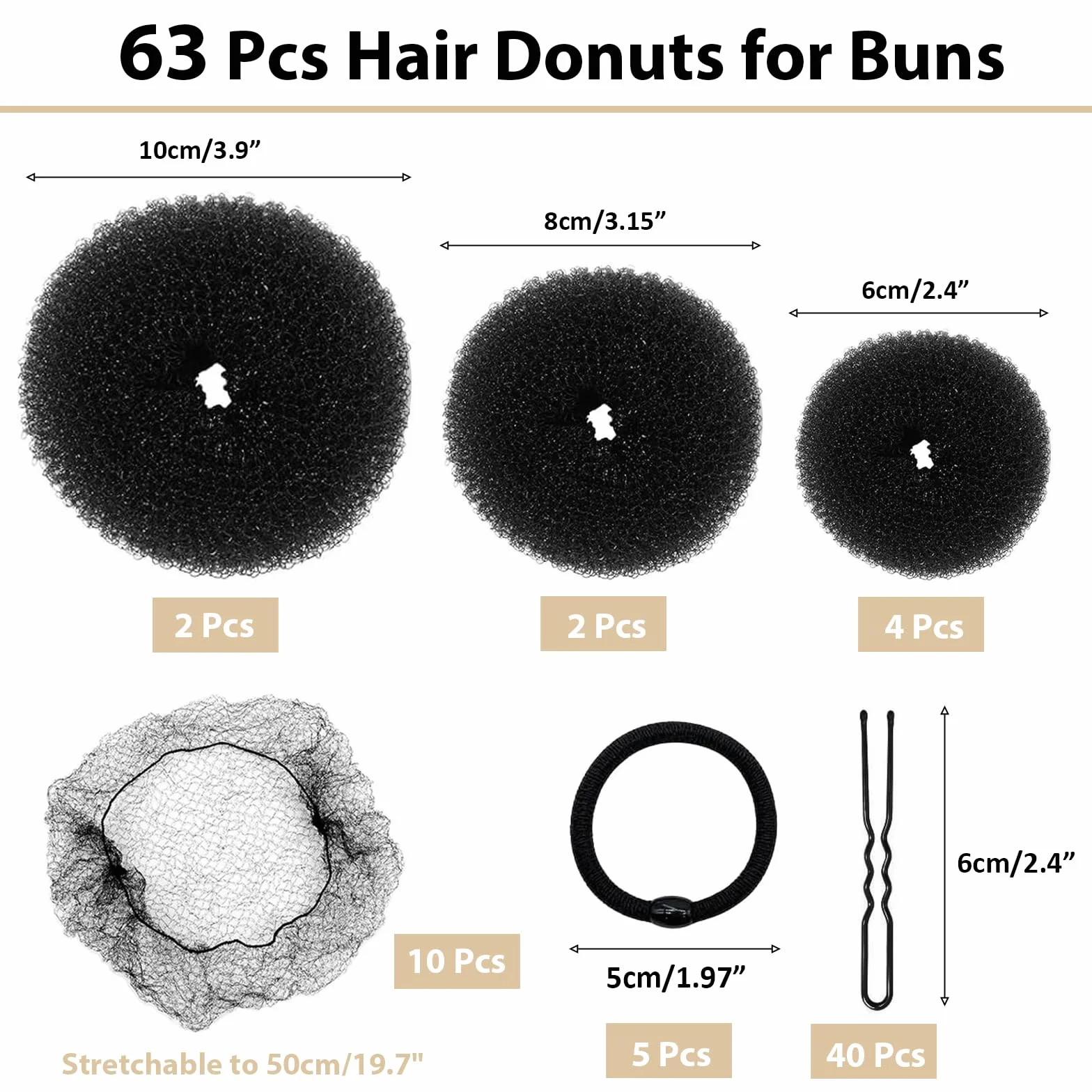 Ciambelle per chignon, set da 63 pezzi con retine per chignon, forcine e fasce elastiche, ciambelle per capelli, accessori per capelli per ragazze, bambini, donne, ballerine (nero)